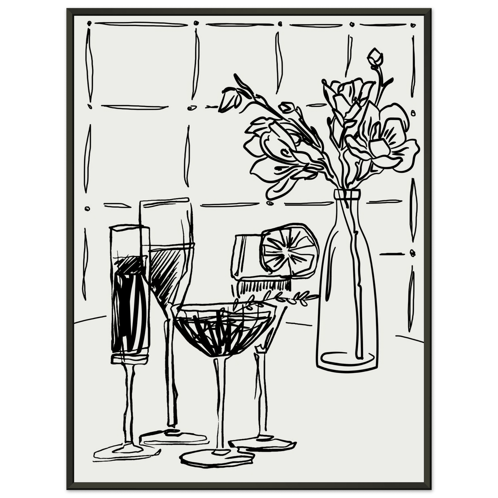 Cocktails & Flowers Print | Black Line Art Drinks Wall Art | Kitchen Bar Poster - Evergreen Posters