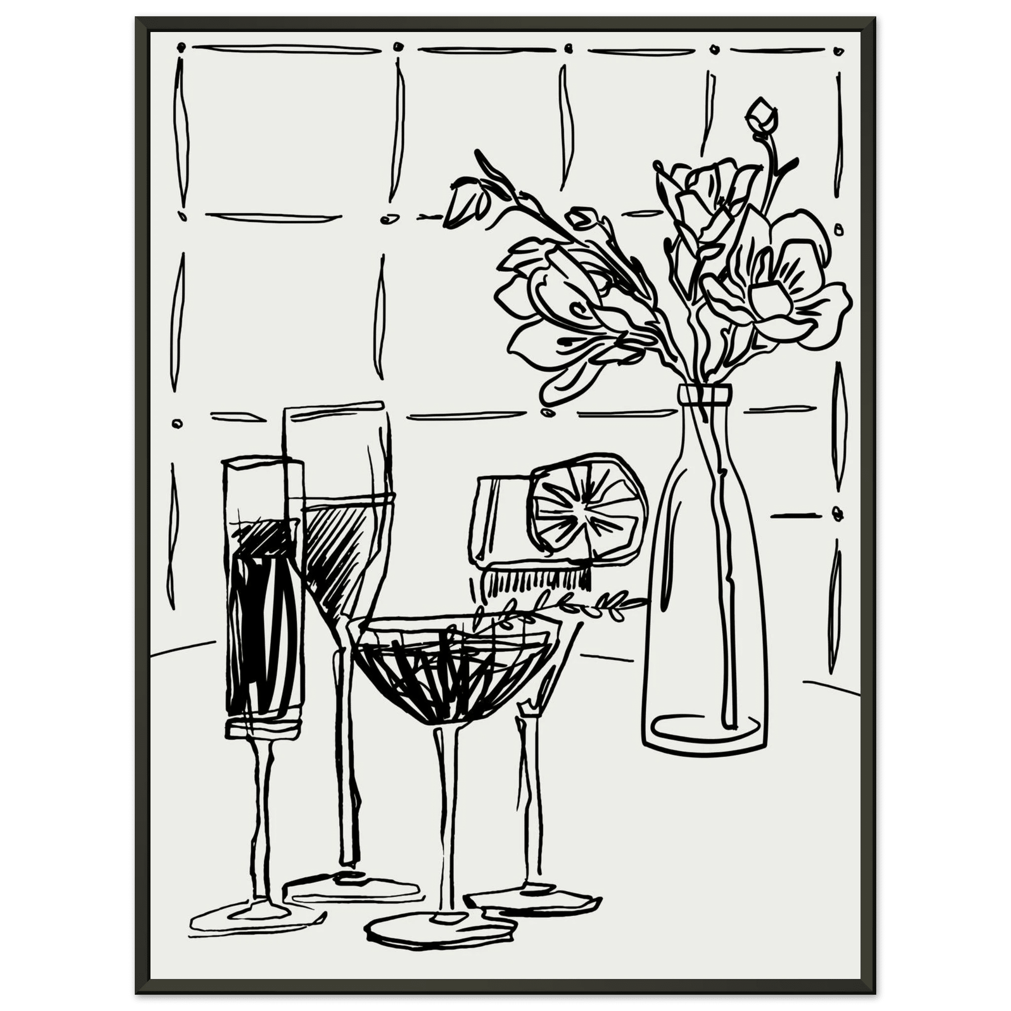 Cocktails & Flowers Print | Black Line Art Drinks Wall Art | Kitchen Bar Poster - Evergreen Posters