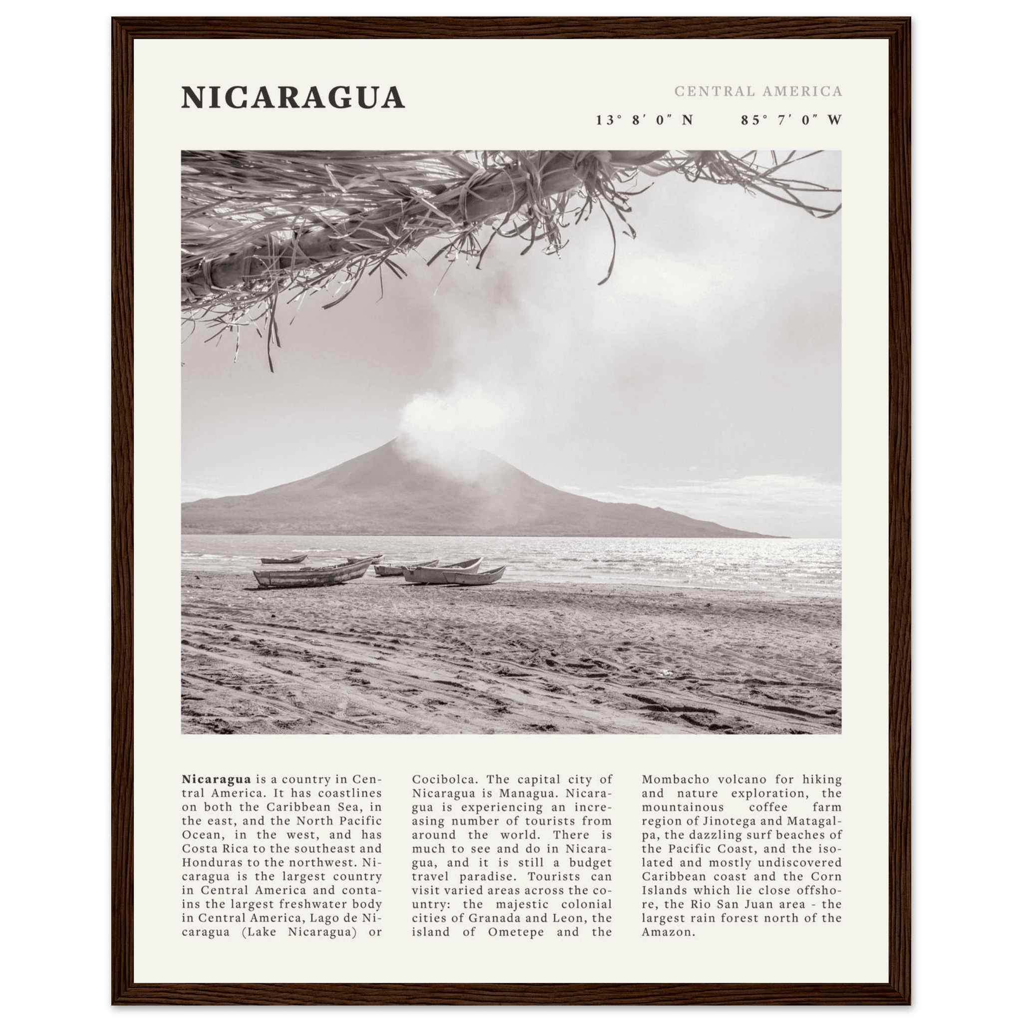 Nicaragua Poster | Black & White Volcano Wall Art | Central America Travel Print - Evergreen Posters