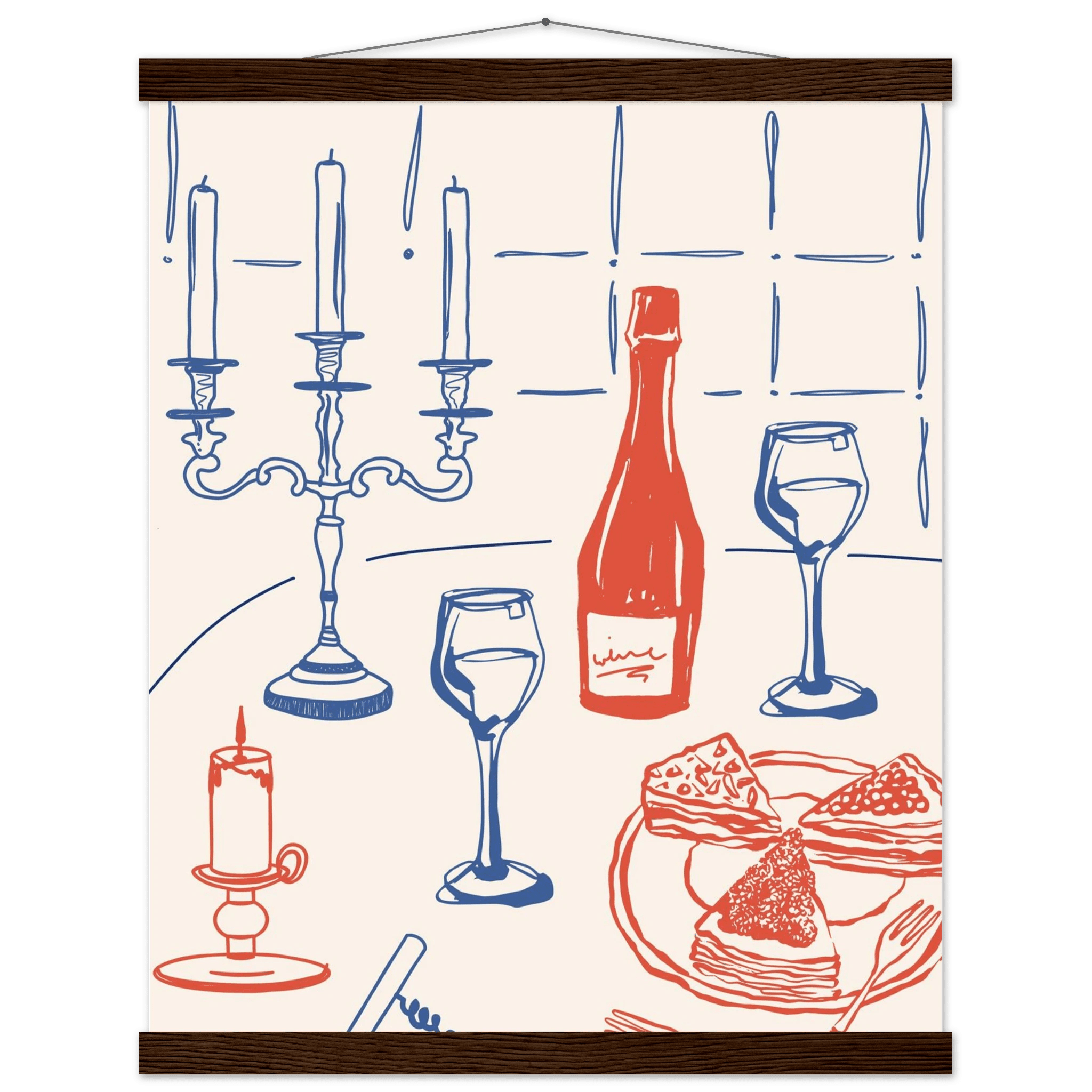Candlelight Dinner Print | Wine & Candelabra Line Art Wall Art | Kitchen Poster - Evergreen Posters