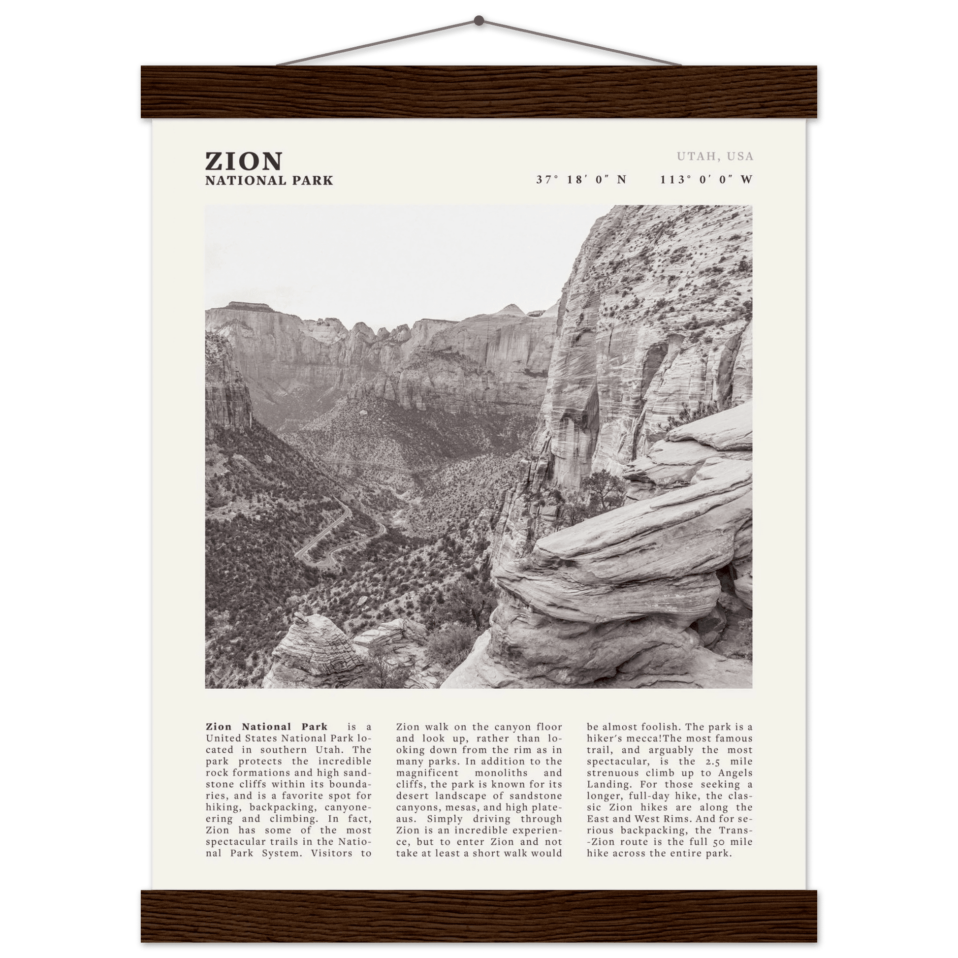 Zion National Park Poster | Black & White Utah Canyon Wall Art | USA Travel Print - Evergreen Posters