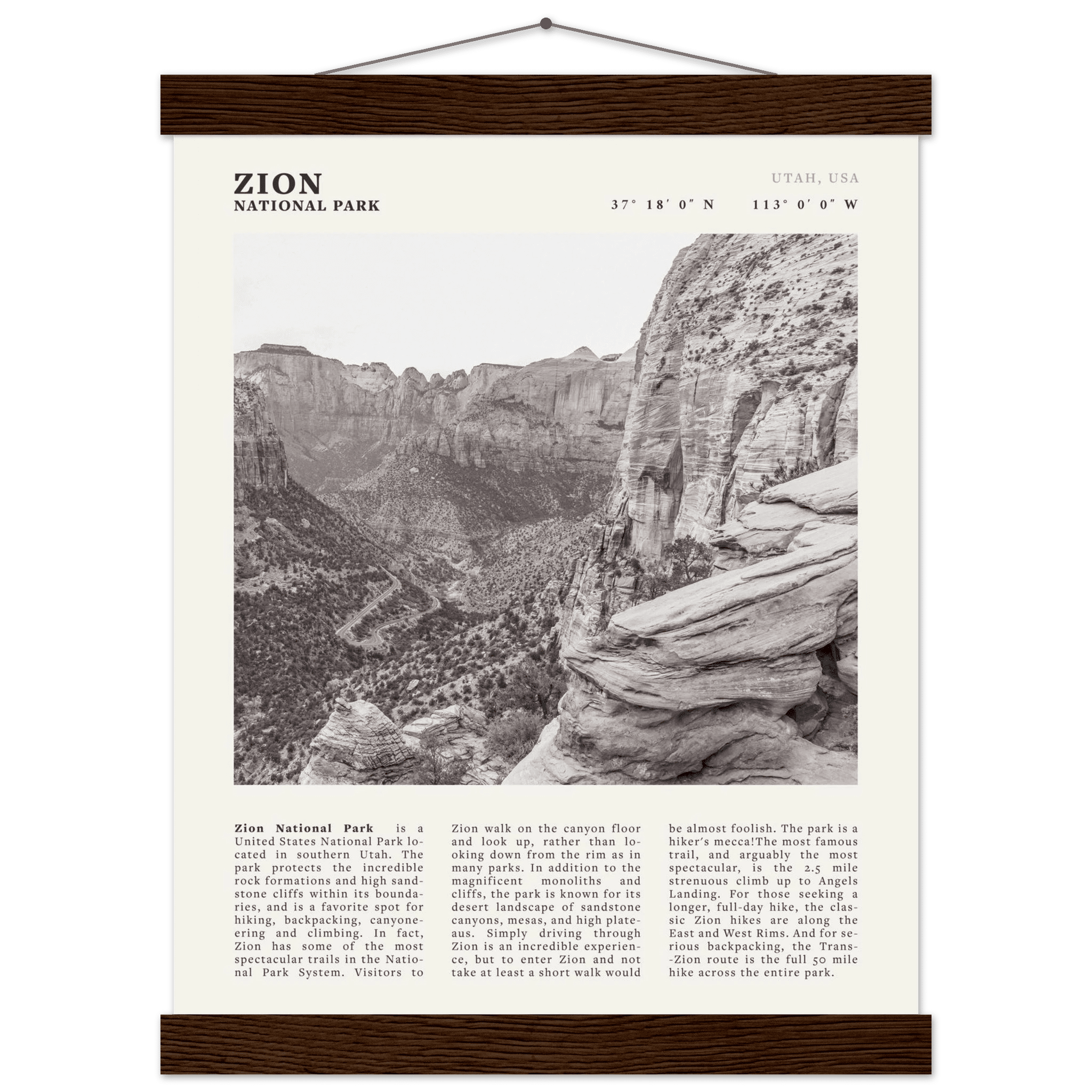 Zion National Park Poster | Black & White Utah Canyon Wall Art | USA Travel Print - Evergreen Posters