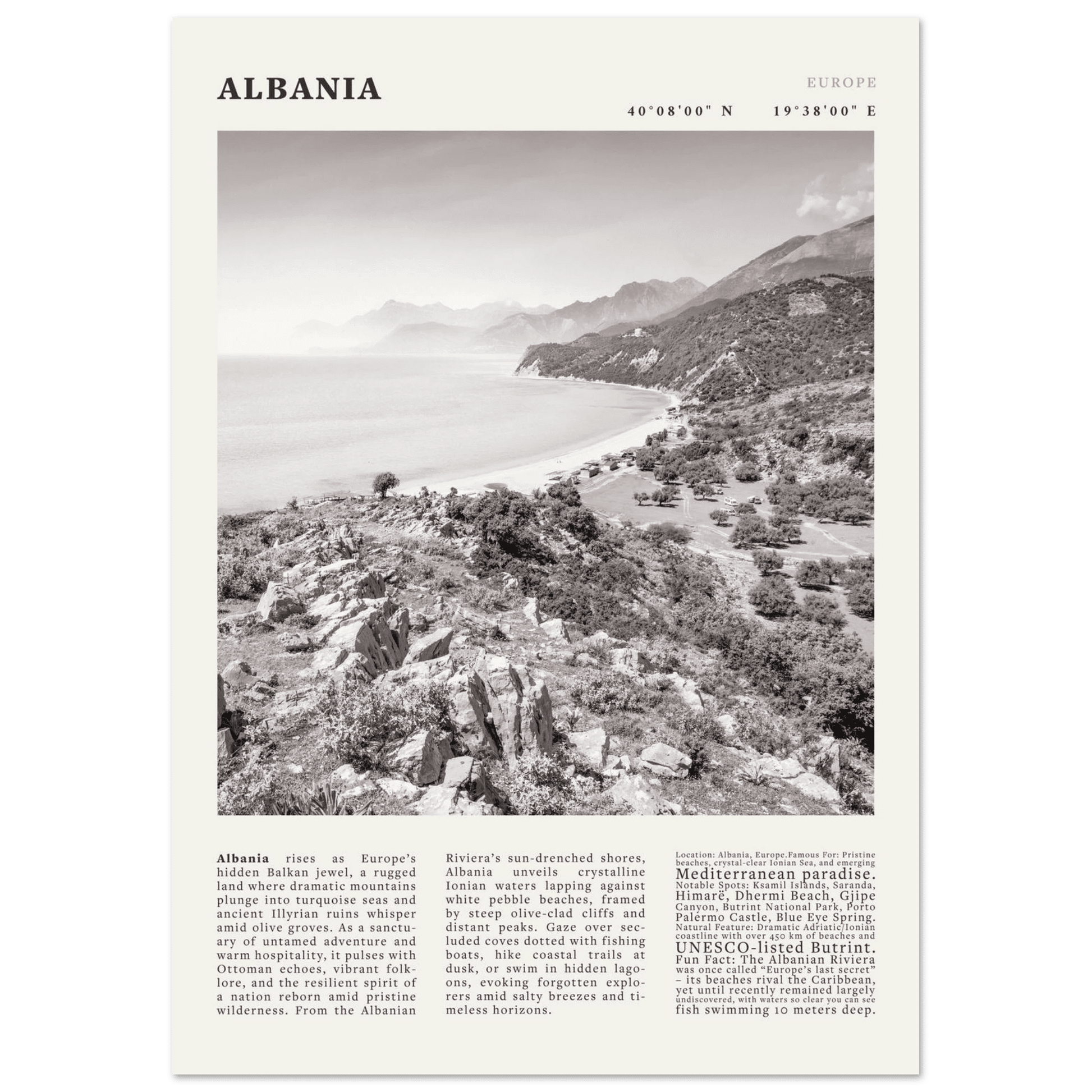 Albania Poster Black and White – Vintage Albanian Riviera Travel Print (Digital & Printed Options) - Evergreen Posters