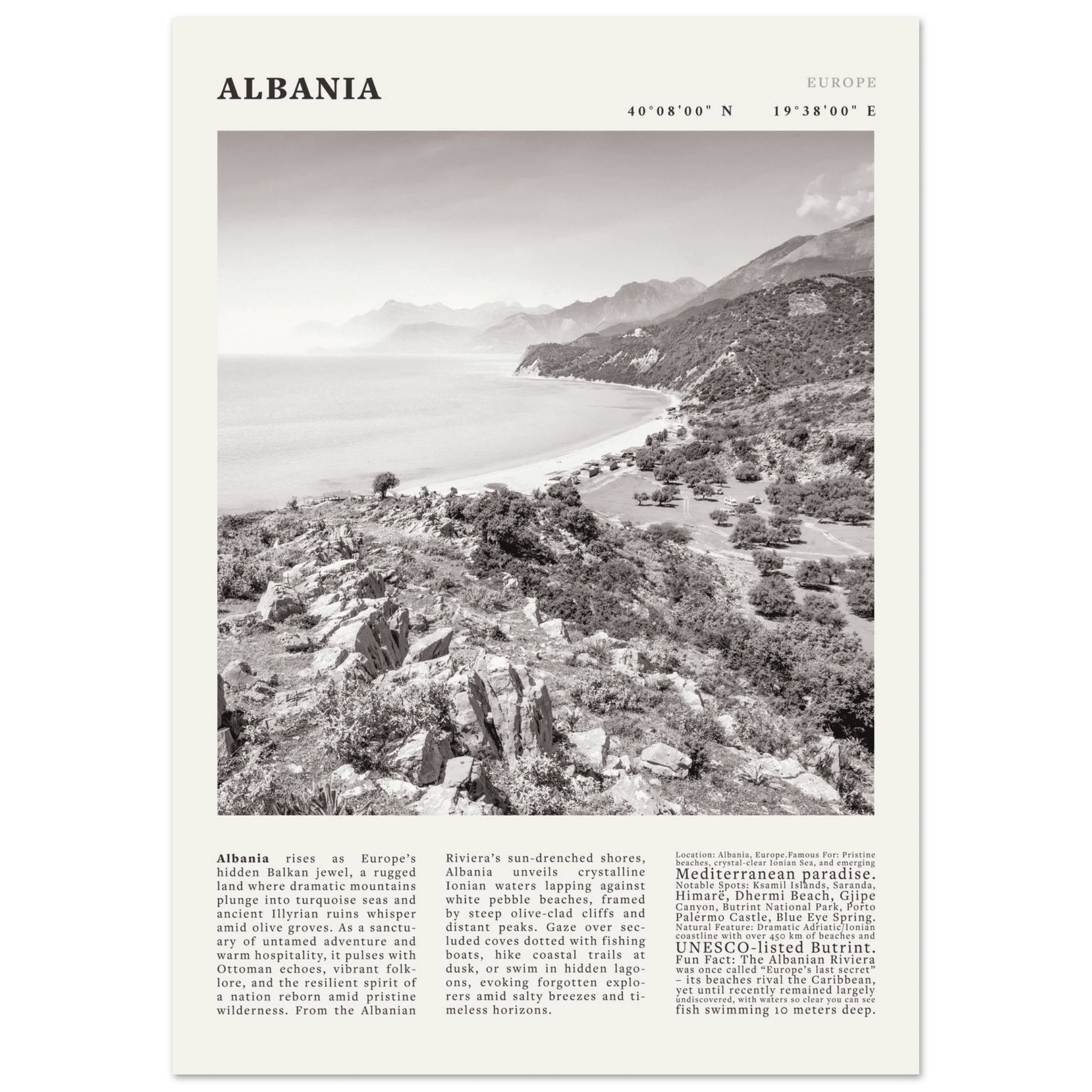Albania Poster Black and White – Vintage Albanian Riviera Travel Print (Digital & Printed Options) - Evergreen Posters