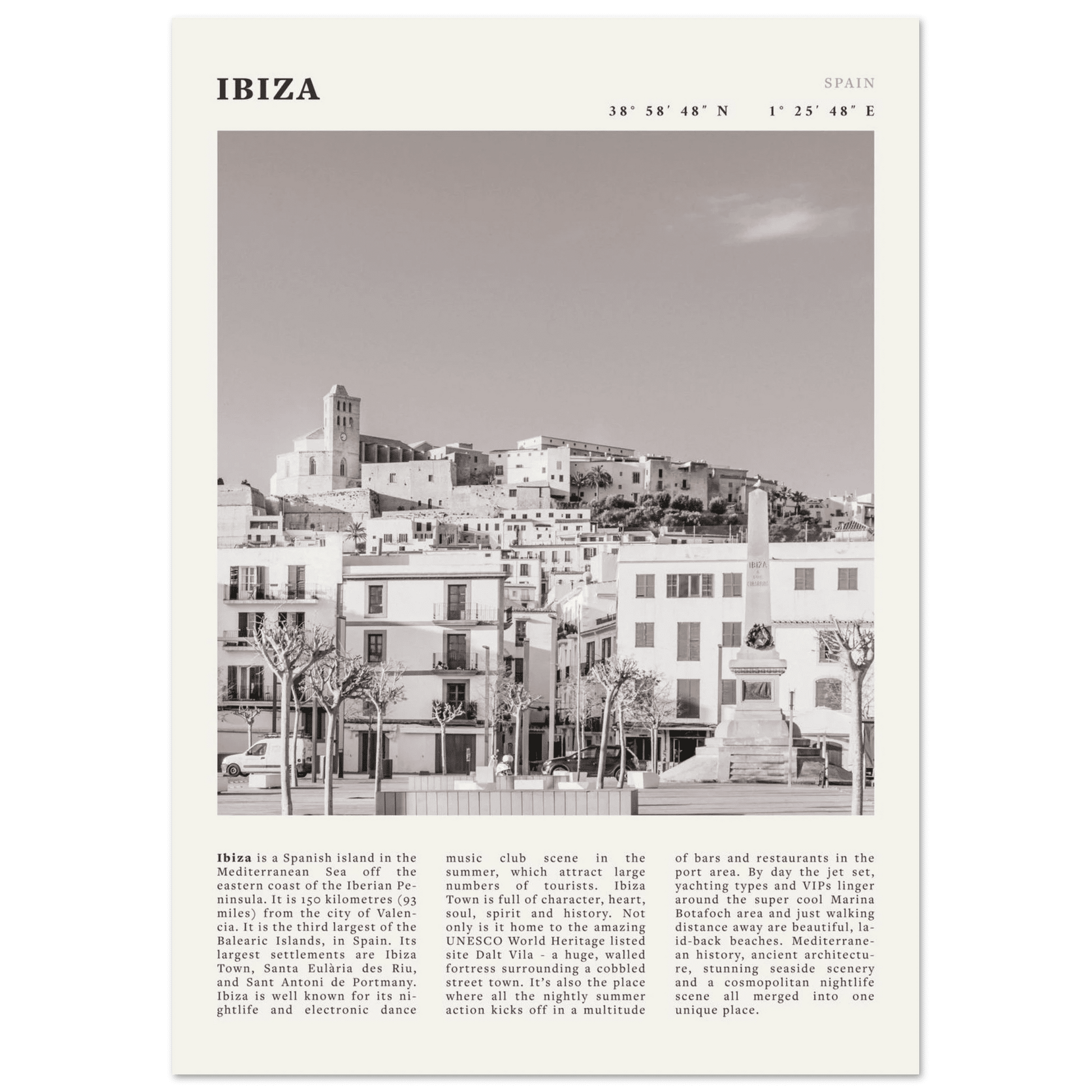 Ibiza Poster | Black & White Spanish Island Wall Art | Spain Travel Print - Evergreen Posters