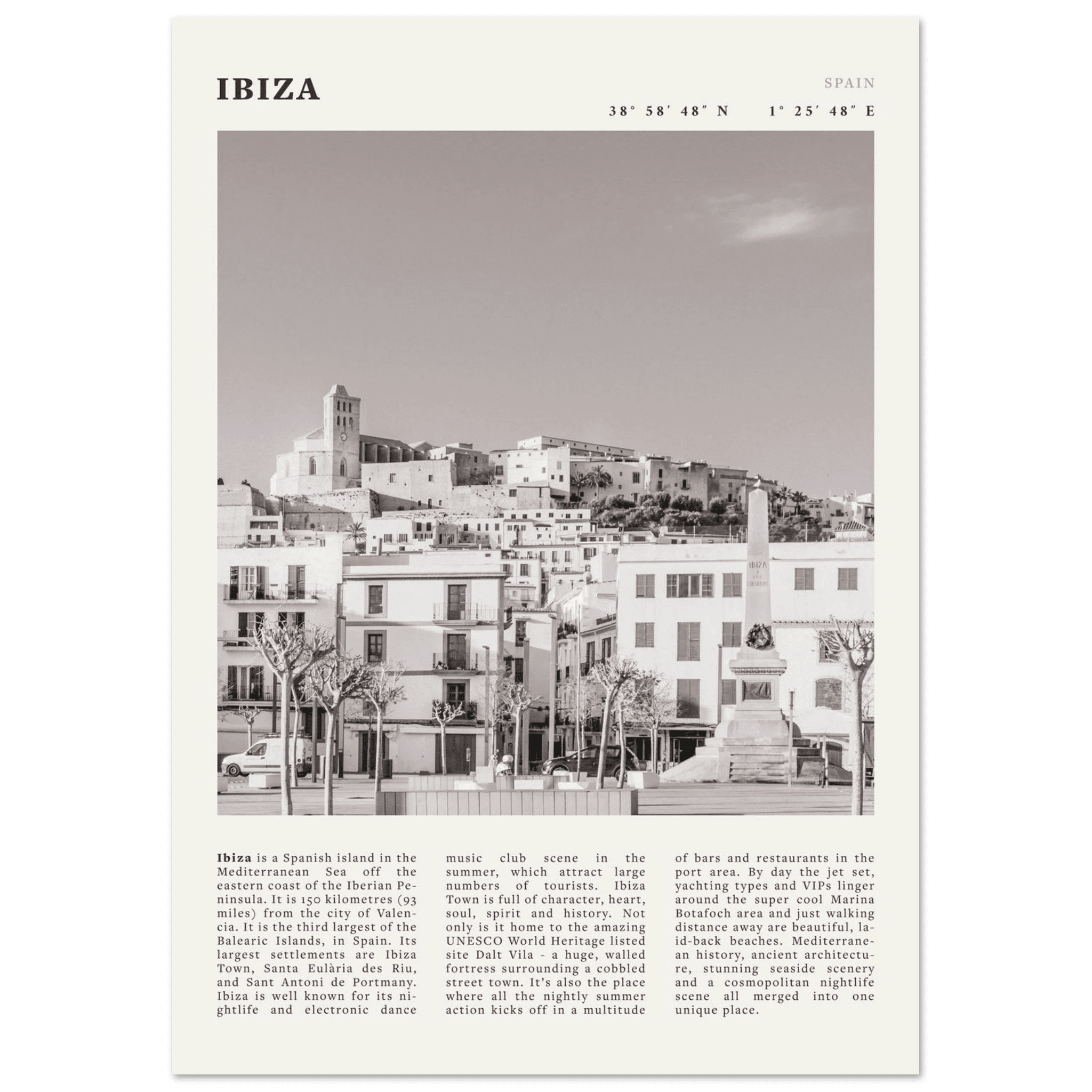 Ibiza Poster | Black & White Spanish Island Wall Art | Spain Travel Print - Evergreen Posters