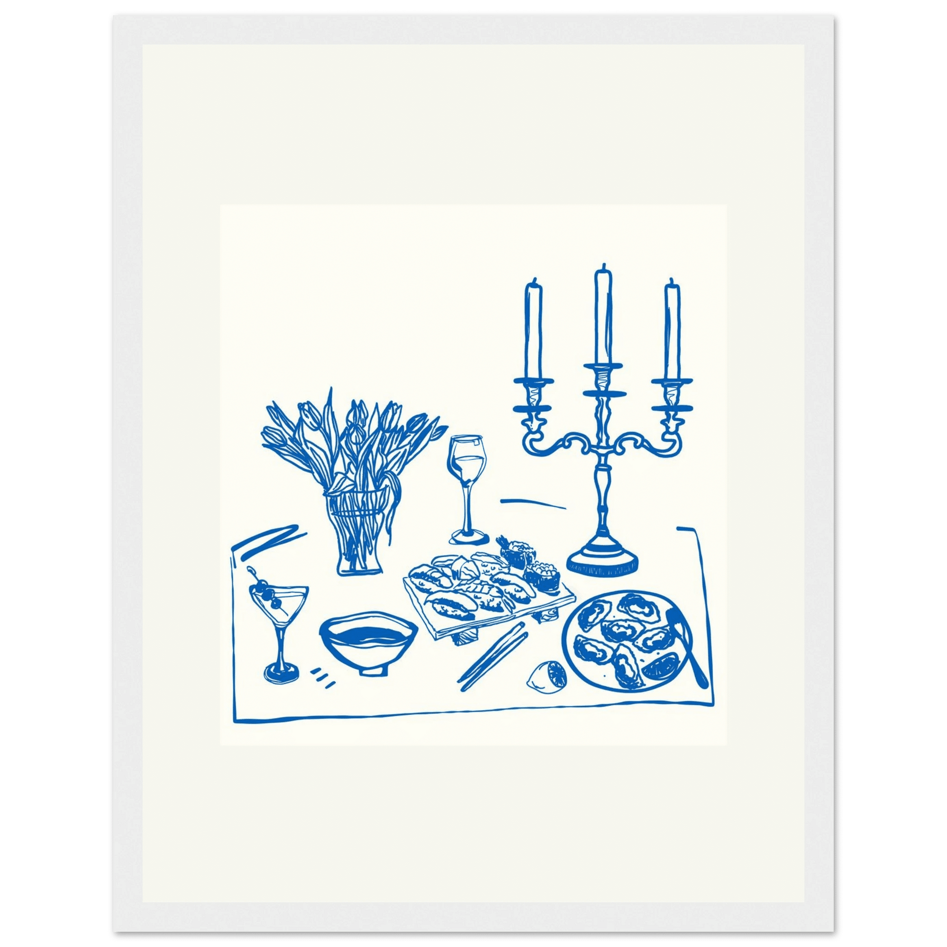 Fine Dining Table Print | Blue Line Art Kitchen Wall Art | Elegant Dining Room Poster - Evergreen Posters