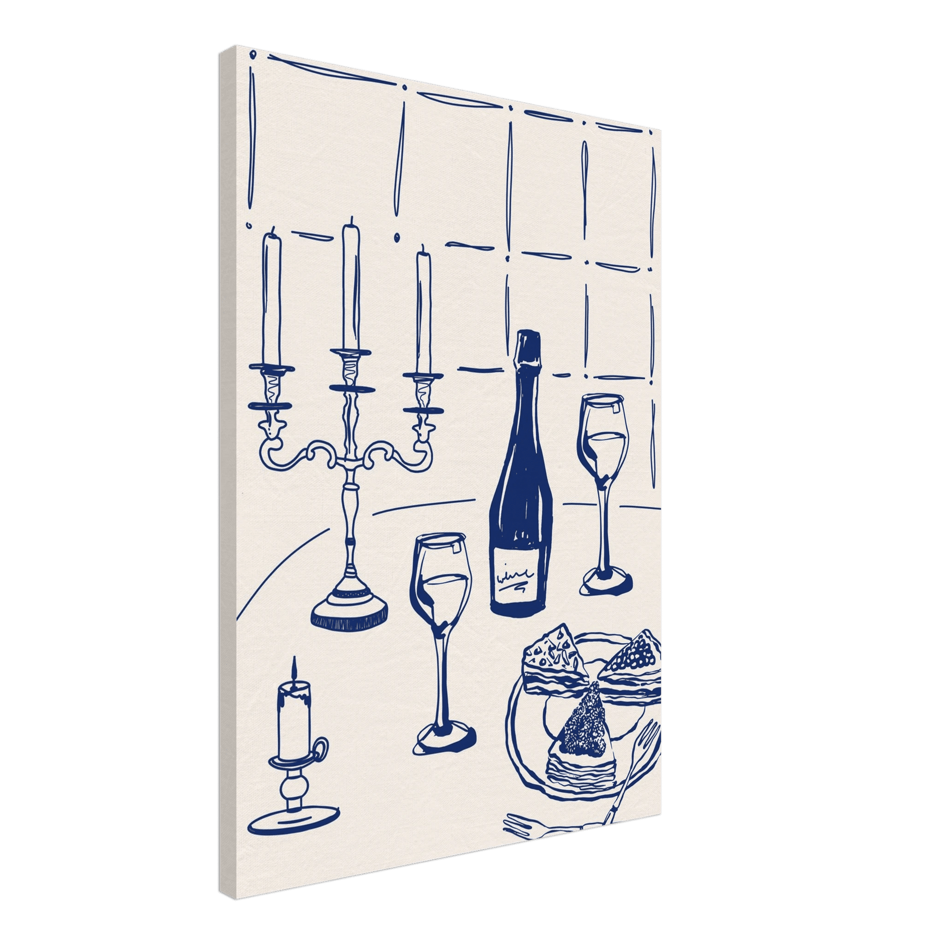 Candlelight Dinner Print | Navy Blue Wine & Candelabra Line Art | Kitchen Poster - Evergreen Posters