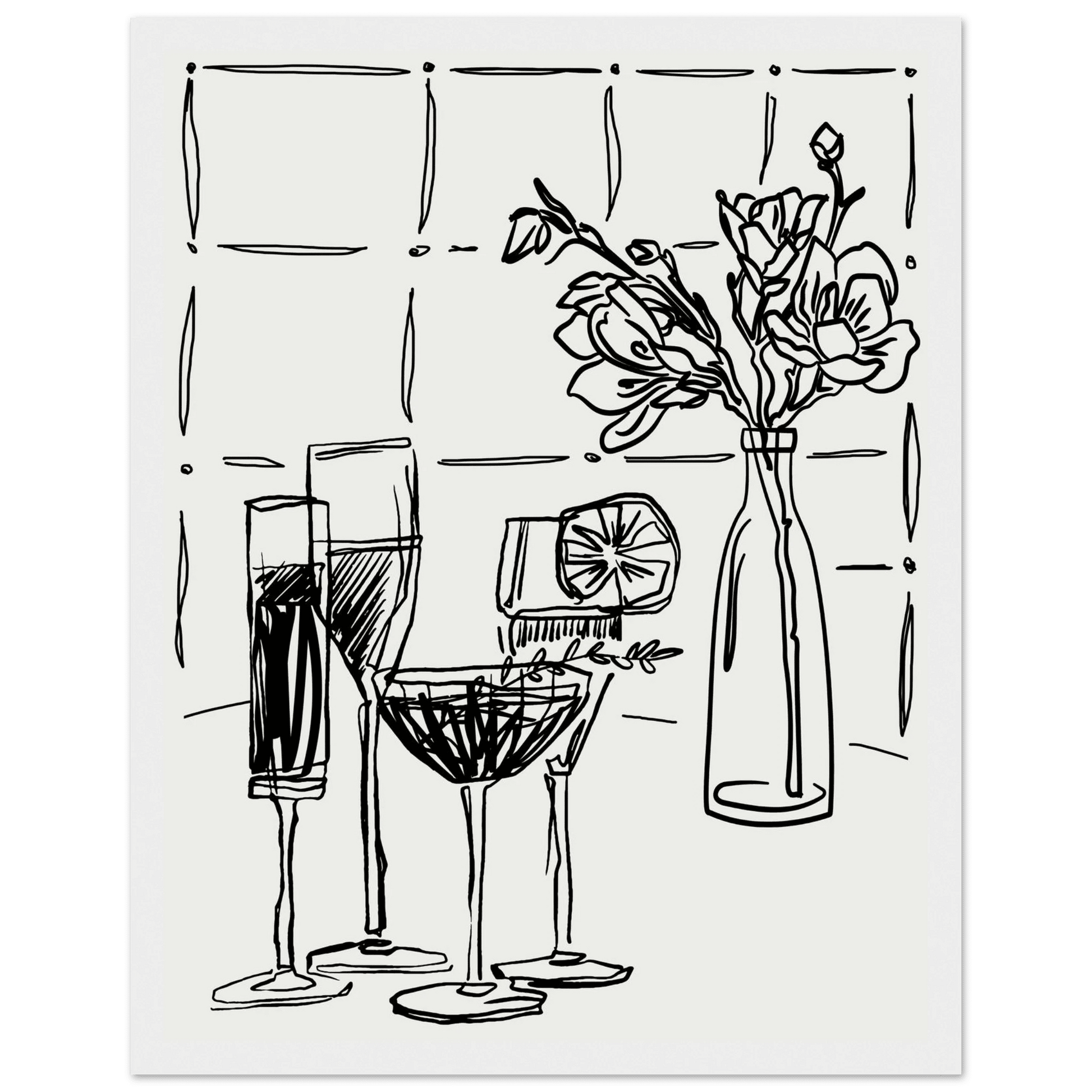Cocktails & Flowers Print | Black Line Art Drinks Wall Art | Kitchen Bar Poster - Evergreen Posters