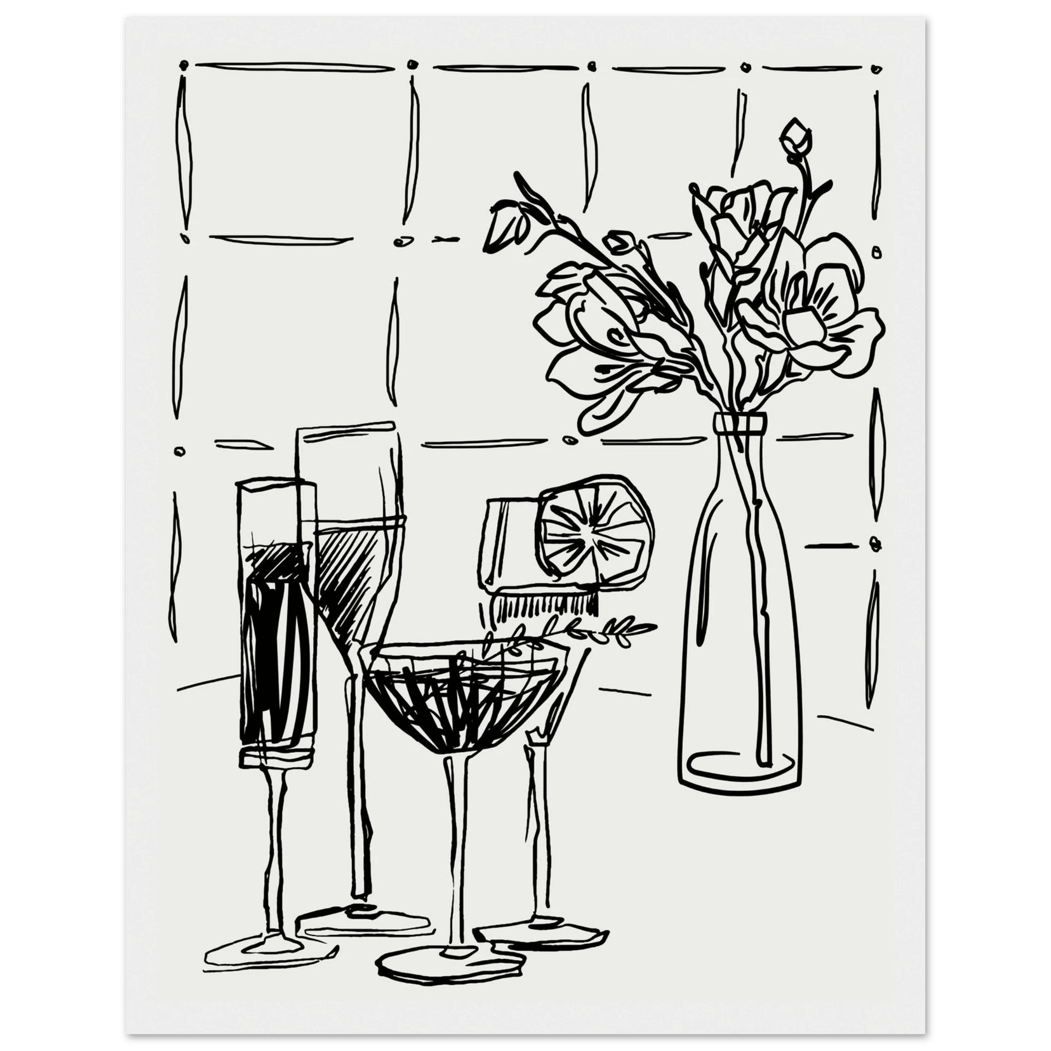 Cocktails & Flowers Print | Black Line Art Drinks Wall Art | Kitchen Bar Poster - Evergreen Posters