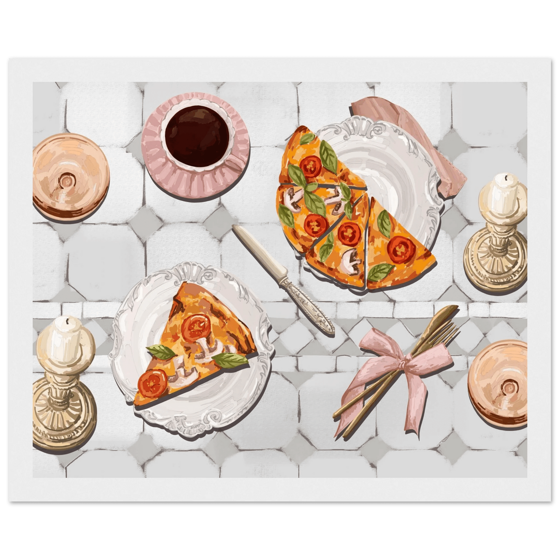 Pizza & Tea Kitchen Poster | Horizontal Food Wall Art | Italian Dining Room Print - Evergreen Posters