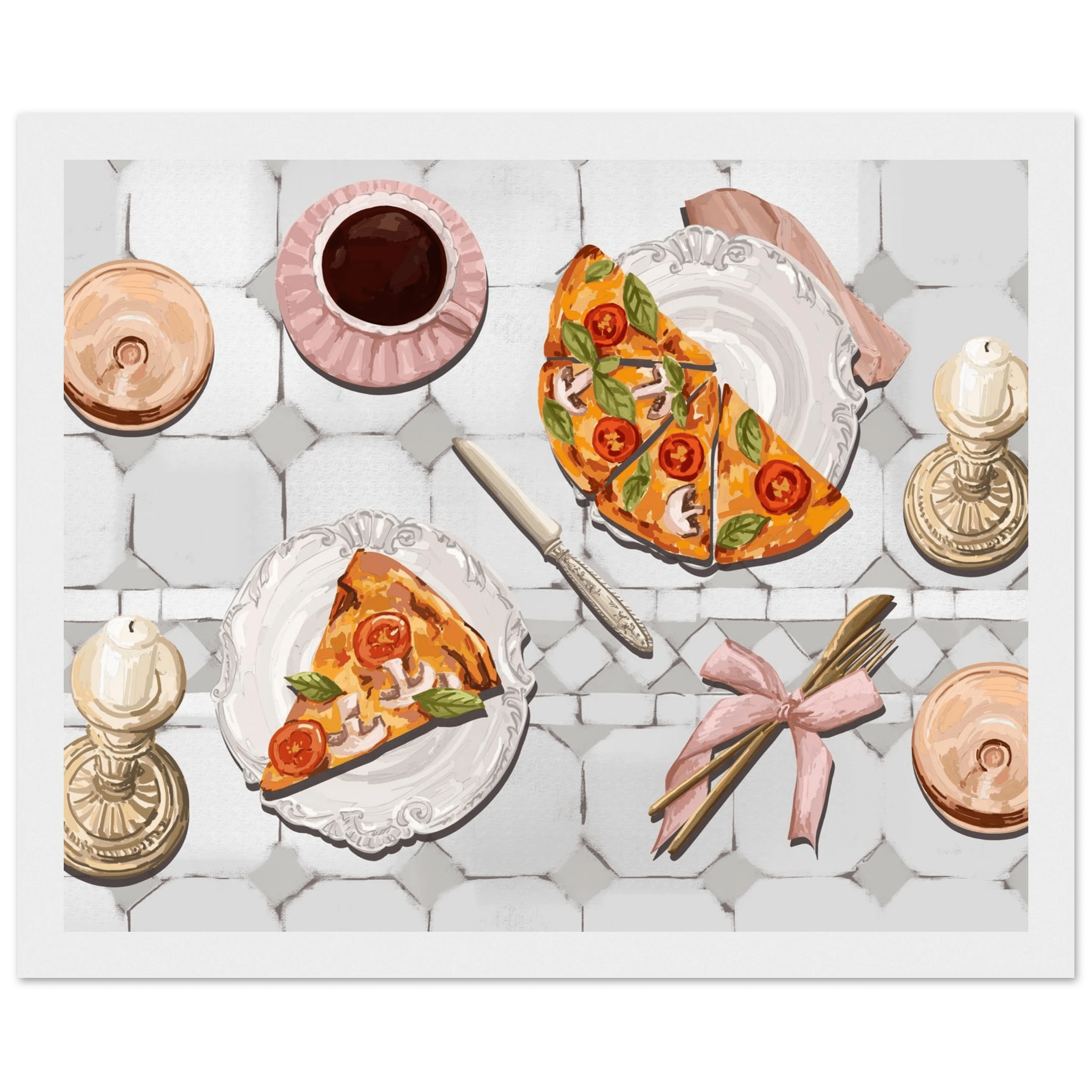 Pizza & Tea Kitchen Poster | Horizontal Food Wall Art | Italian Dining Room Print - Evergreen Posters