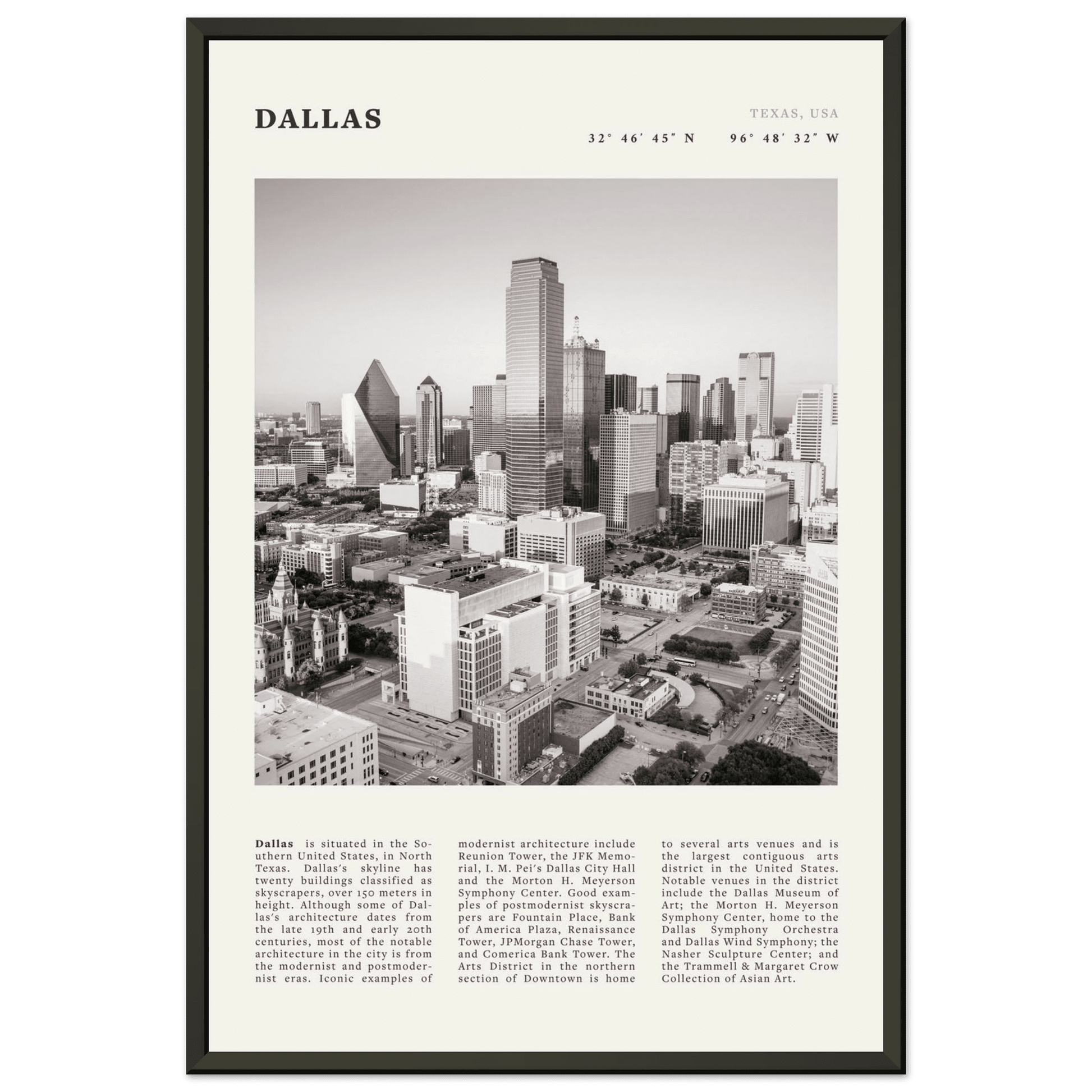 Dallas Poster | Black & White Texas Skyline Wall Art | City Travel Print Decor - Evergreen Posters
