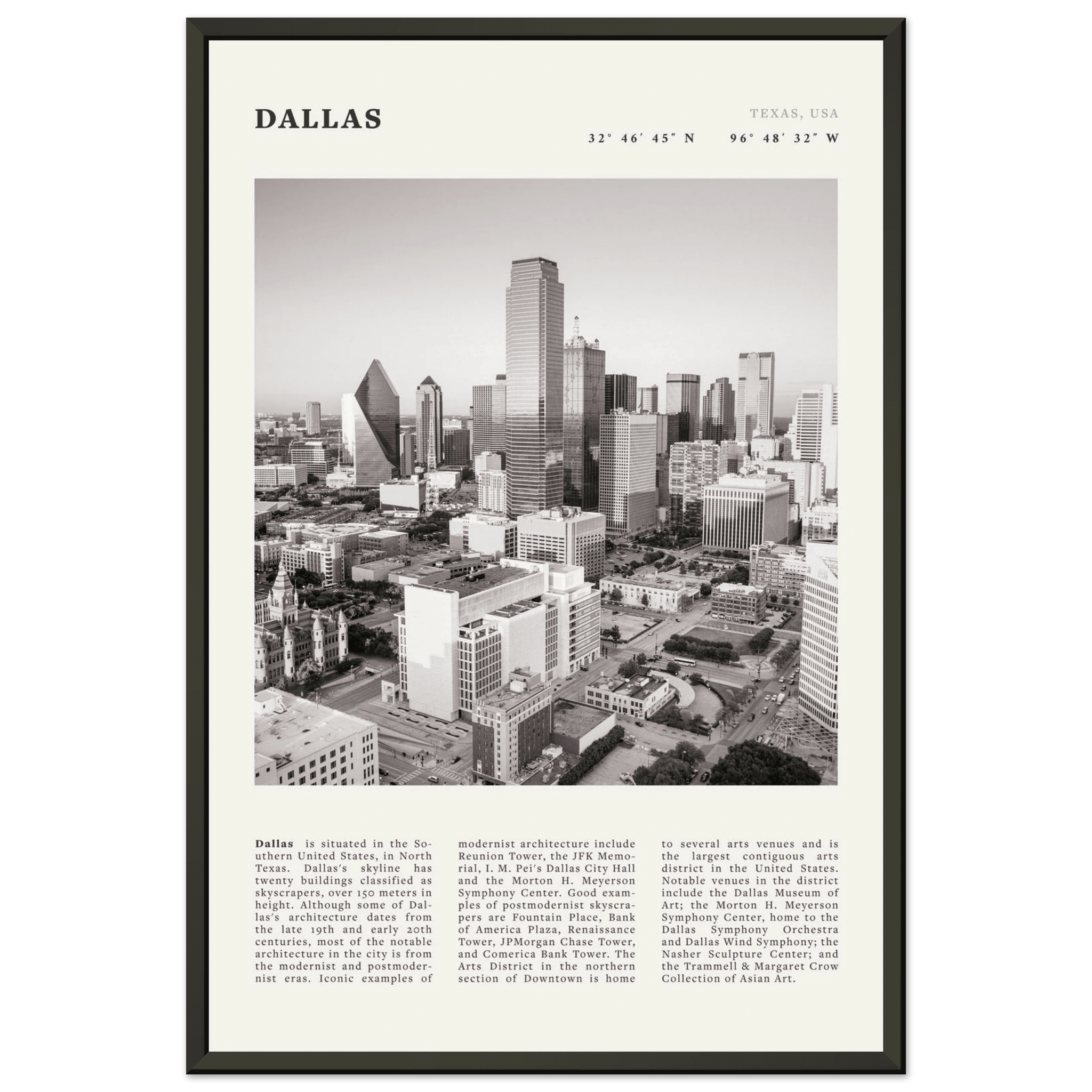 Dallas Poster | Black & White Texas Skyline Wall Art | City Travel Print Decor - Evergreen Posters