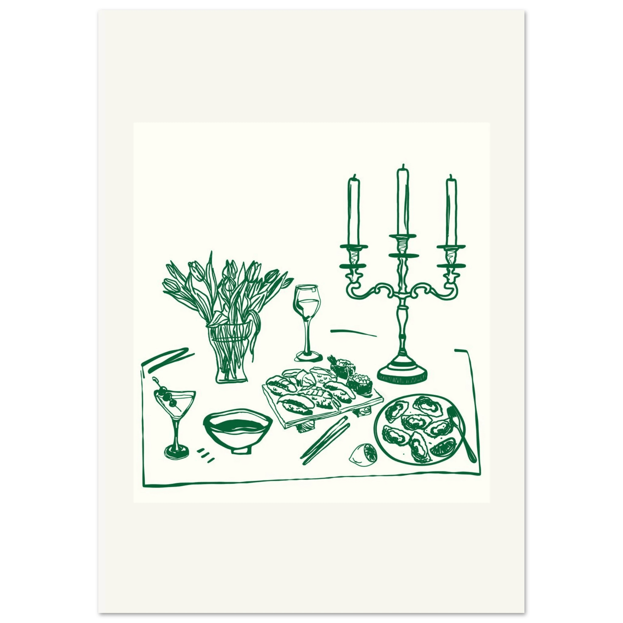 Fine Dining Table Print | Green Line Art Kitchen Wall Art | Elegant Dining Room Poster - Evergreen Posters