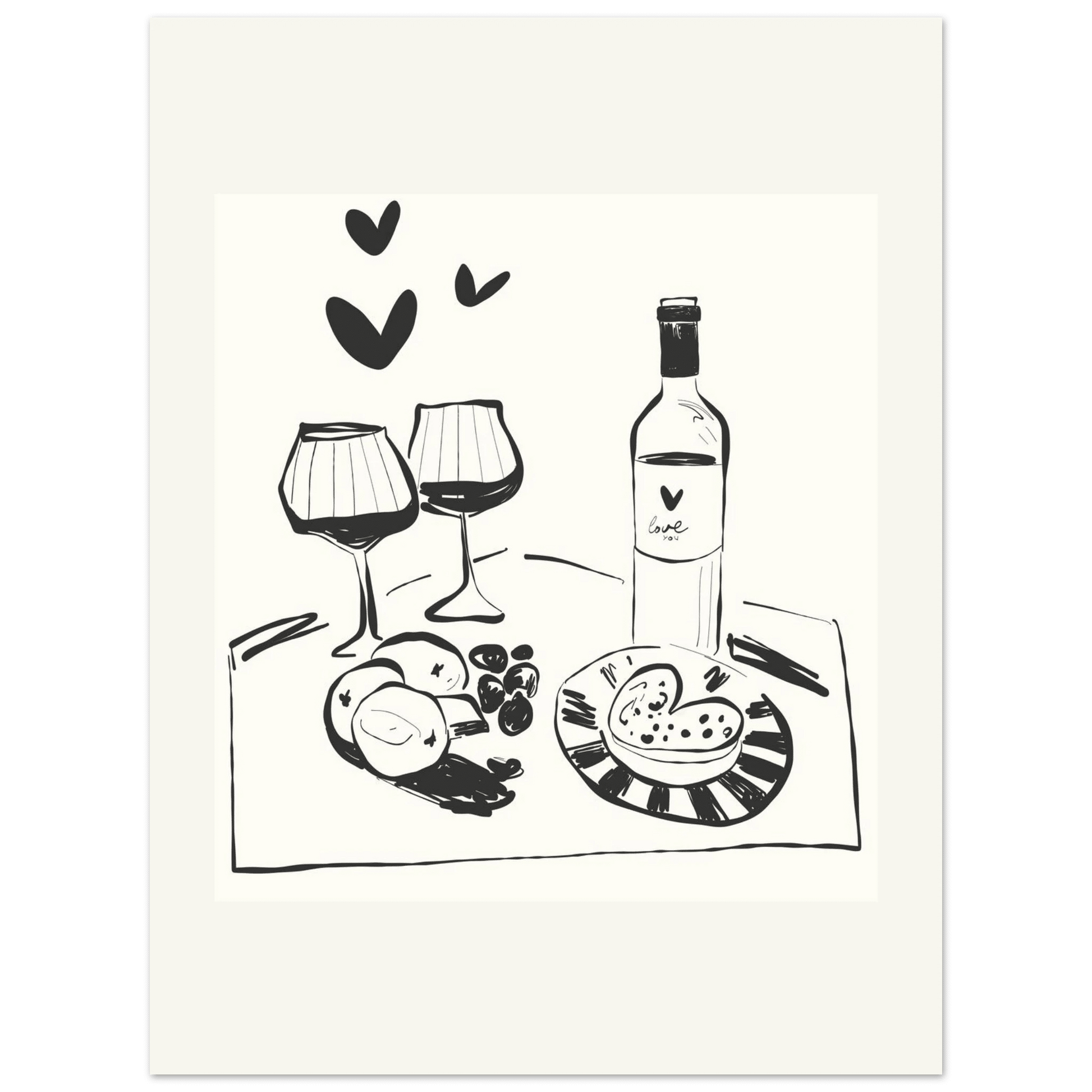 Wine for Two Print | Black Line Art Romantic Kitchen Wall Art | Couples Poster - Evergreen Posters