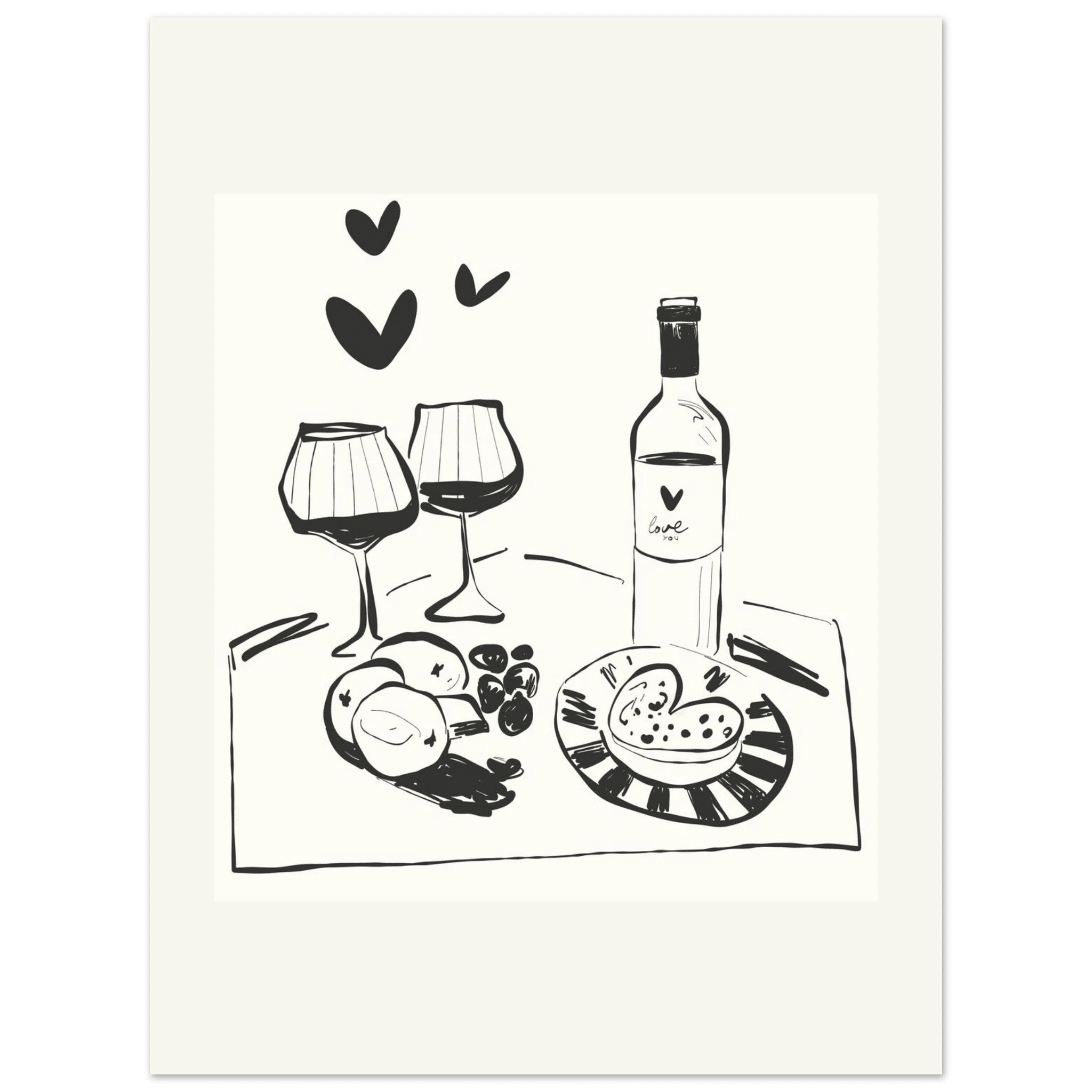 Wine for Two Print | Black Line Art Romantic Kitchen Wall Art | Couples Poster - Evergreen Posters