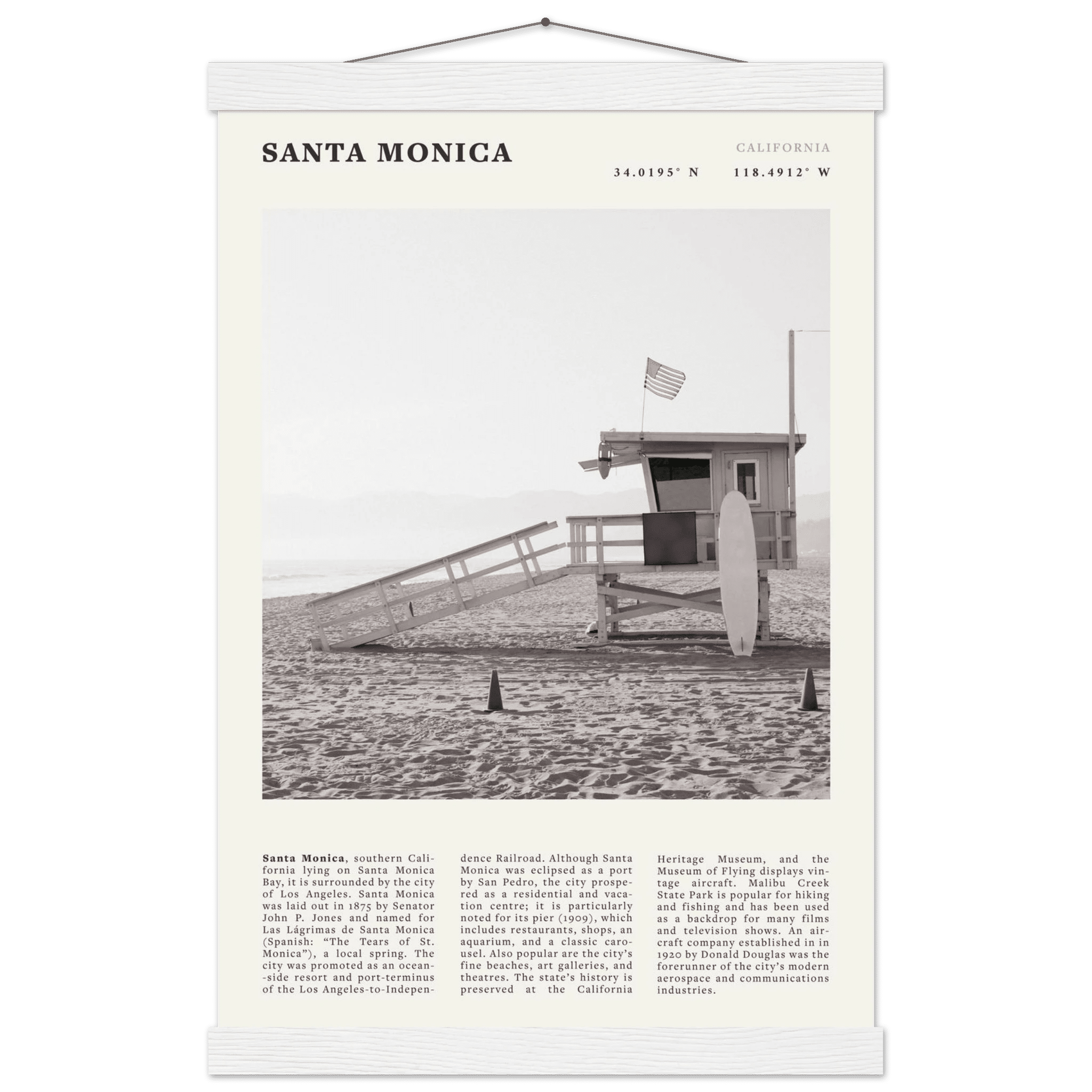Santa Monica Poster | Black & White California Wall Art | Beach Travel Print | Coastal Decor - Evergreen Posters