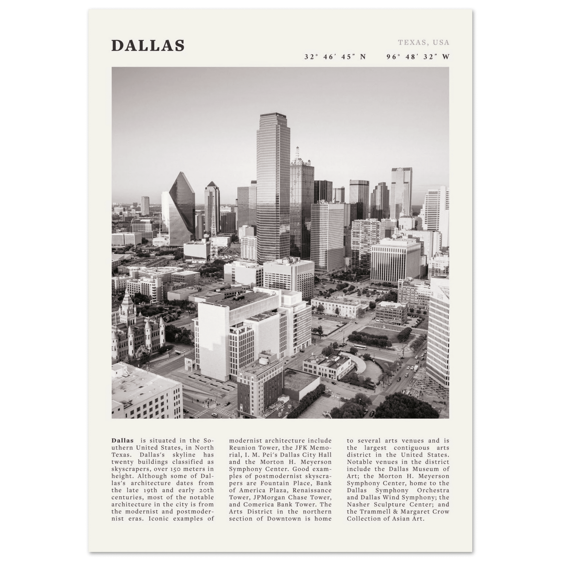 Dallas Poster | Black & White Texas Skyline Wall Art | City Travel Print Decor - Evergreen Posters