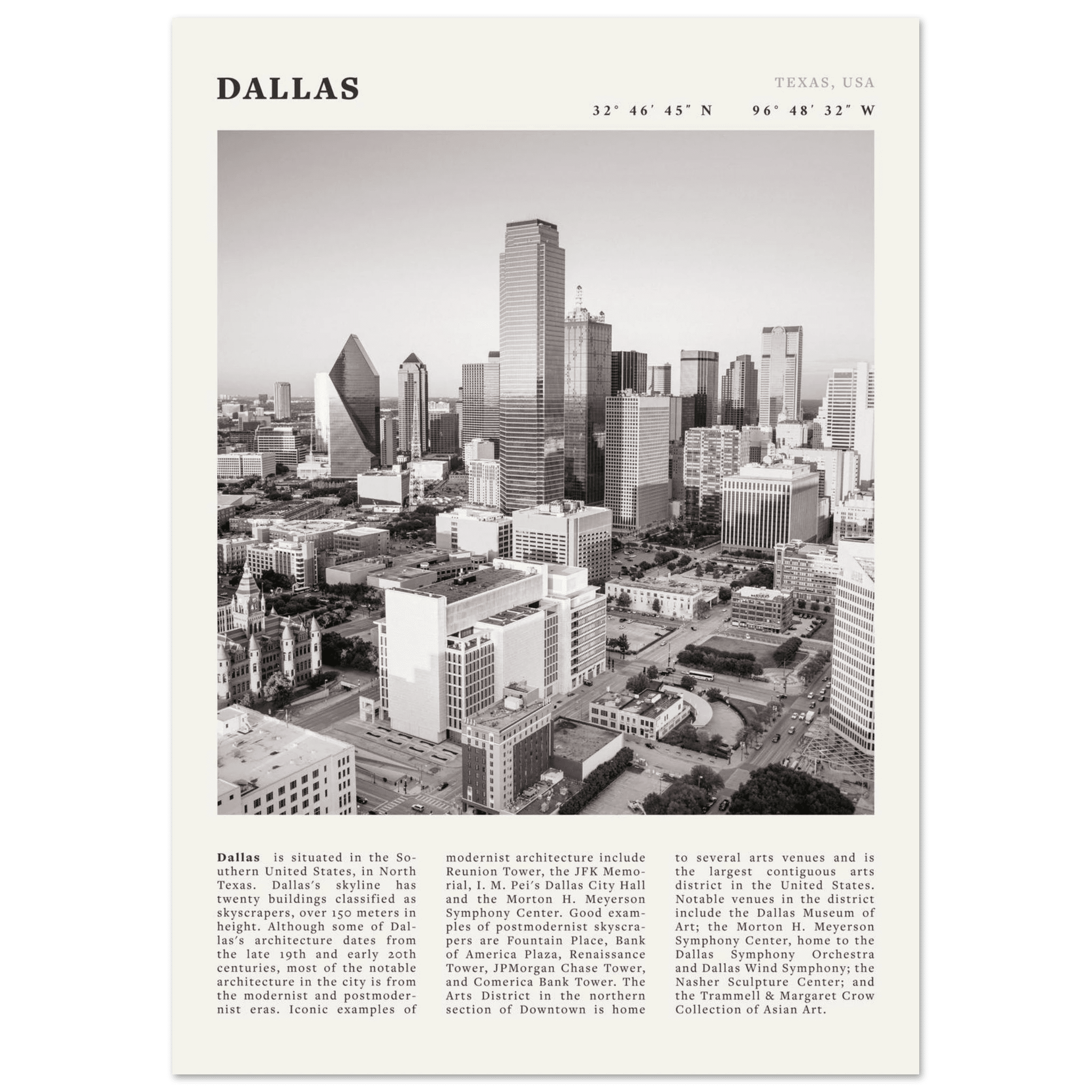 Dallas Poster | Black & White Texas Skyline Wall Art | City Travel Print Decor - Evergreen Posters