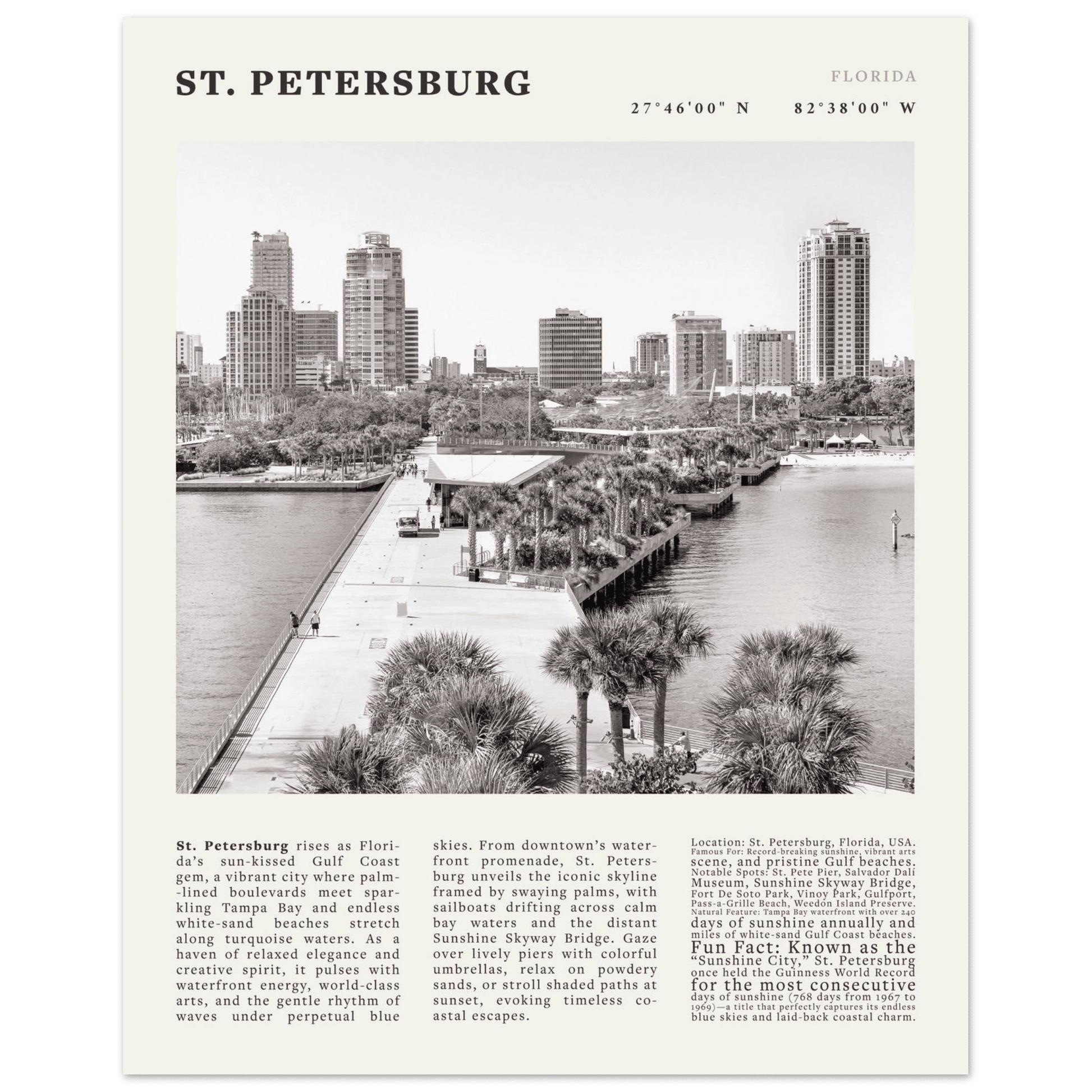 St. Petersburg Florida Poster Black and White – Vintage St Pete Skyline Print (Digital & Printed Options) - Evergreen Posters