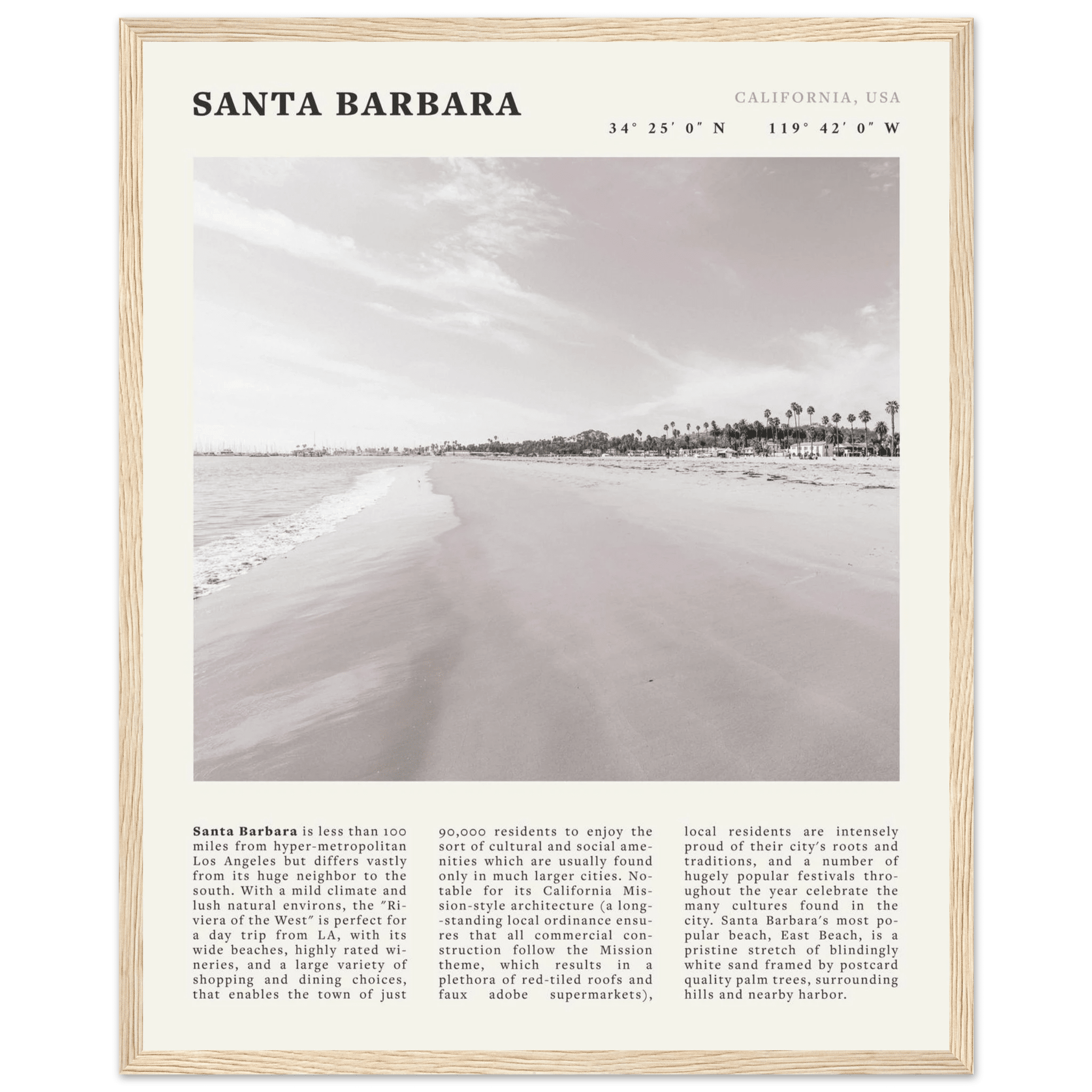 Santa Barbara Poster | Black & White California Beach Wall Art | CA Travel Print - Evergreen Posters