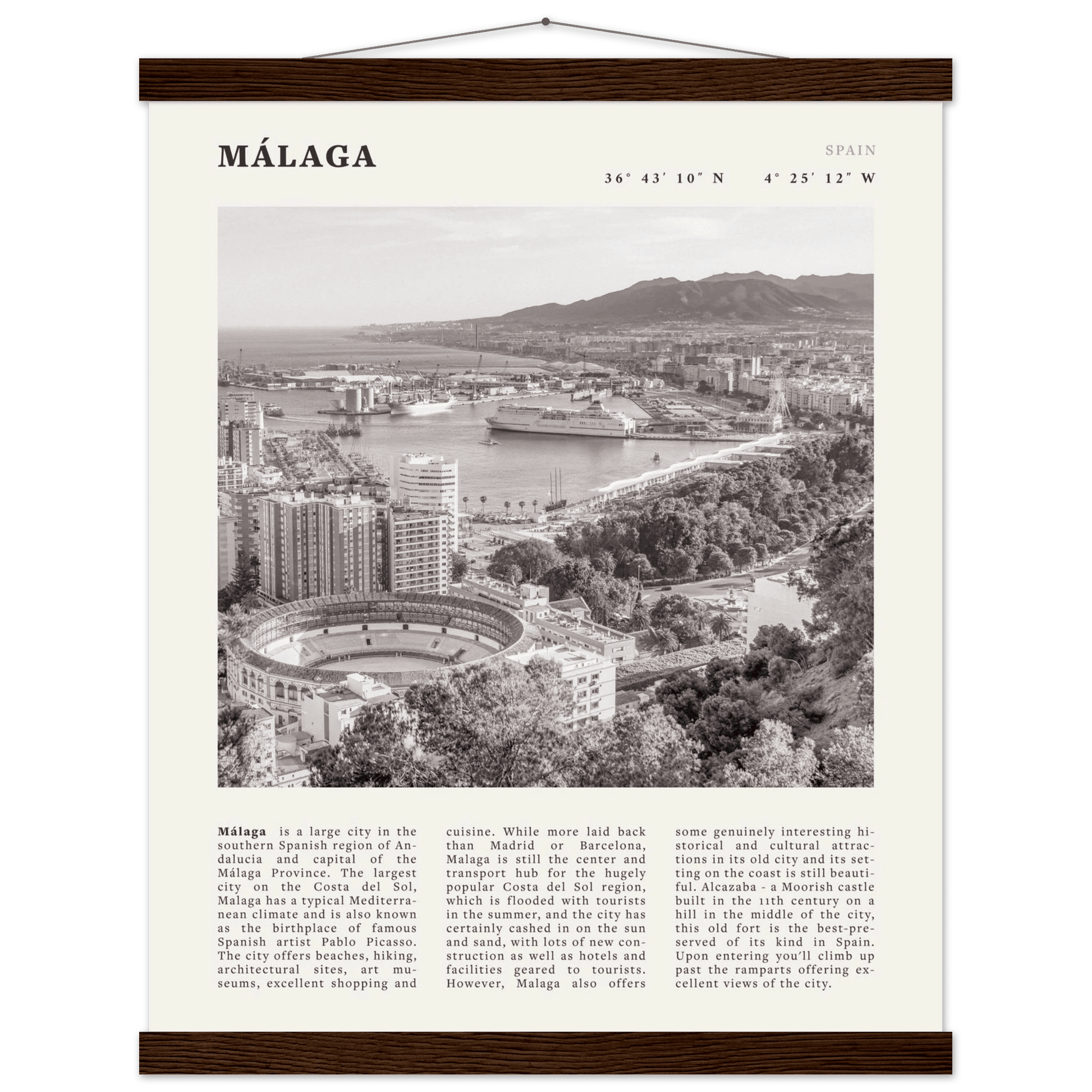 Málaga Poster | Black & White Costa del Sol Wall Art | Spain Travel Print - Evergreen Posters