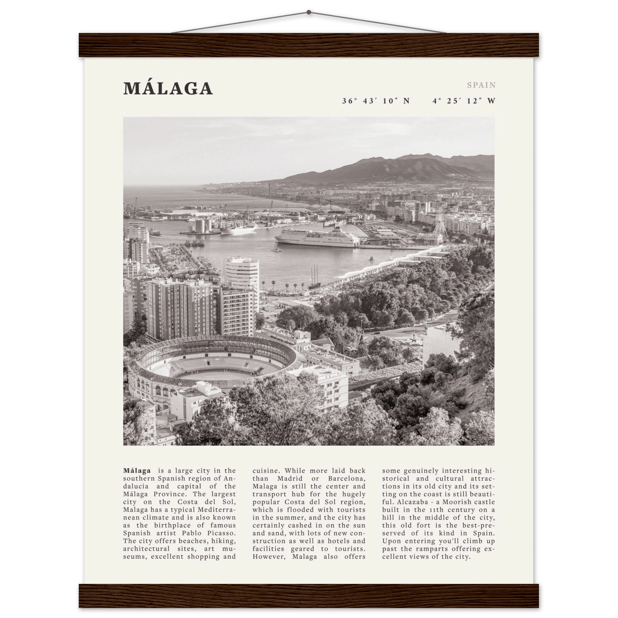 Málaga Poster | Black & White Costa del Sol Wall Art | Spain Travel Print - Evergreen Posters