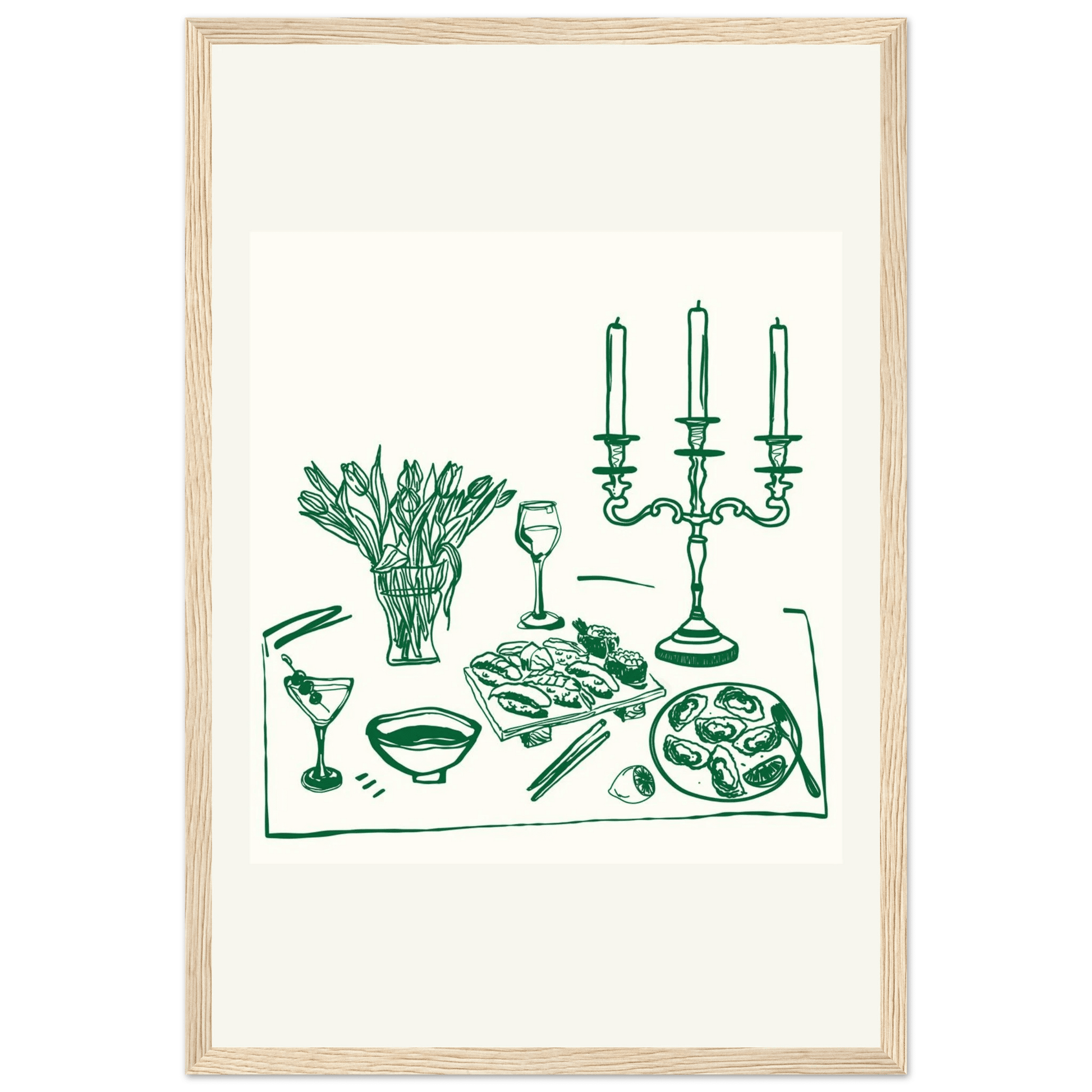 Fine Dining Table Print | Green Line Art Kitchen Wall Art | Elegant Dining Room Poster - Evergreen Posters