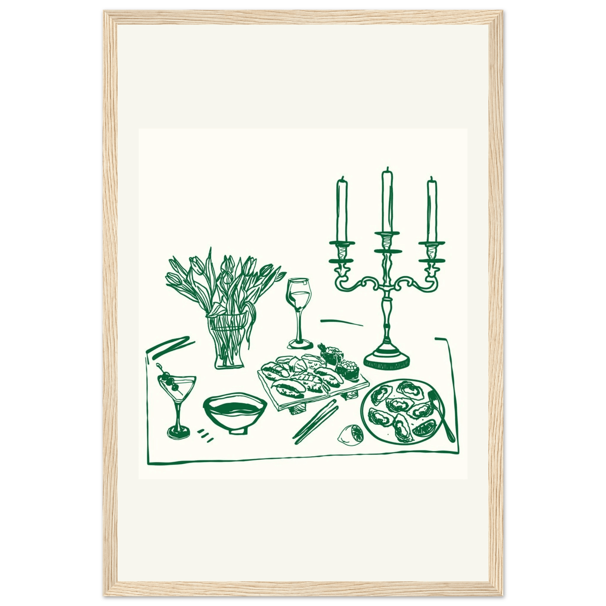 Fine Dining Table Print | Green Line Art Kitchen Wall Art | Elegant Dining Room Poster - Evergreen Posters
