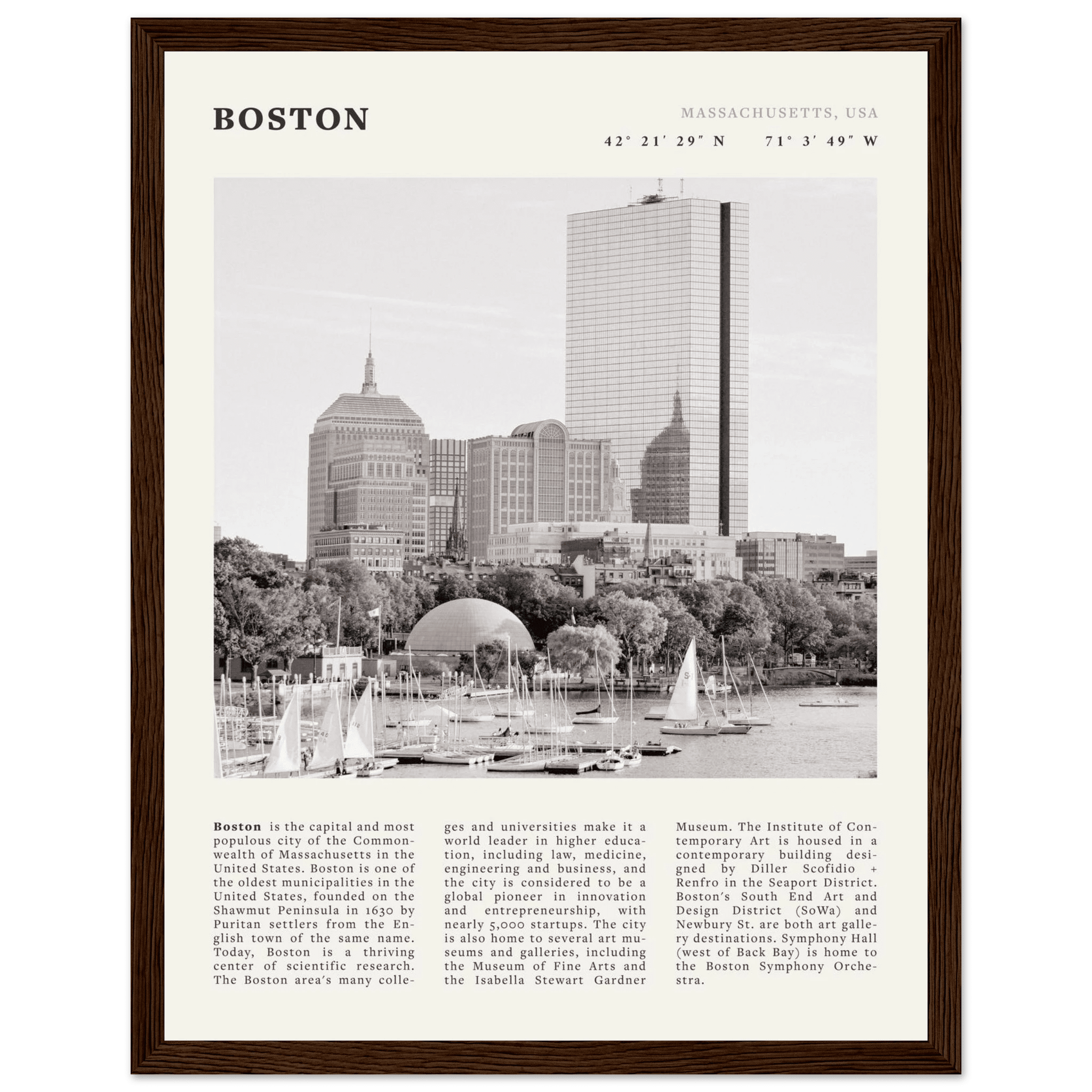Boston Poster | Black & White Charles River Skyline Wall Art | Massachusetts Print - Evergreen Posters