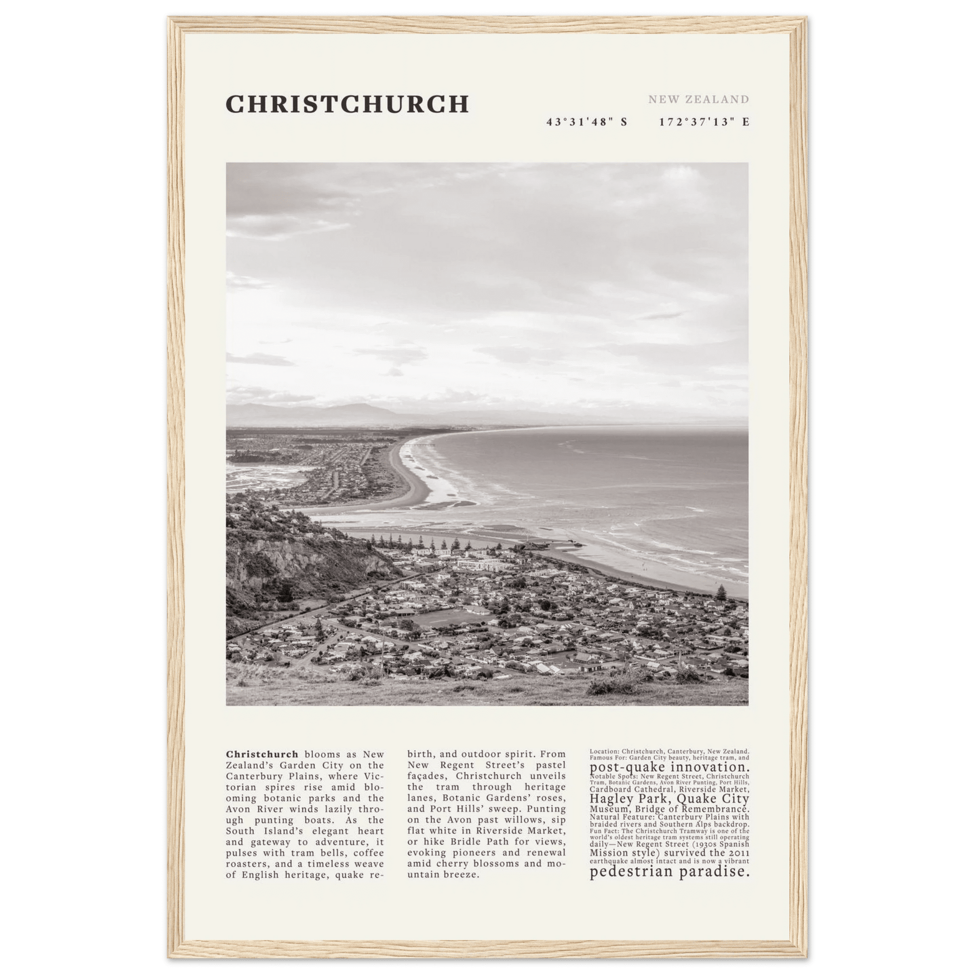 Christchurch New Zealand Poster Black and White – Vintage Garden City Panorama Print - Evergreen Posters