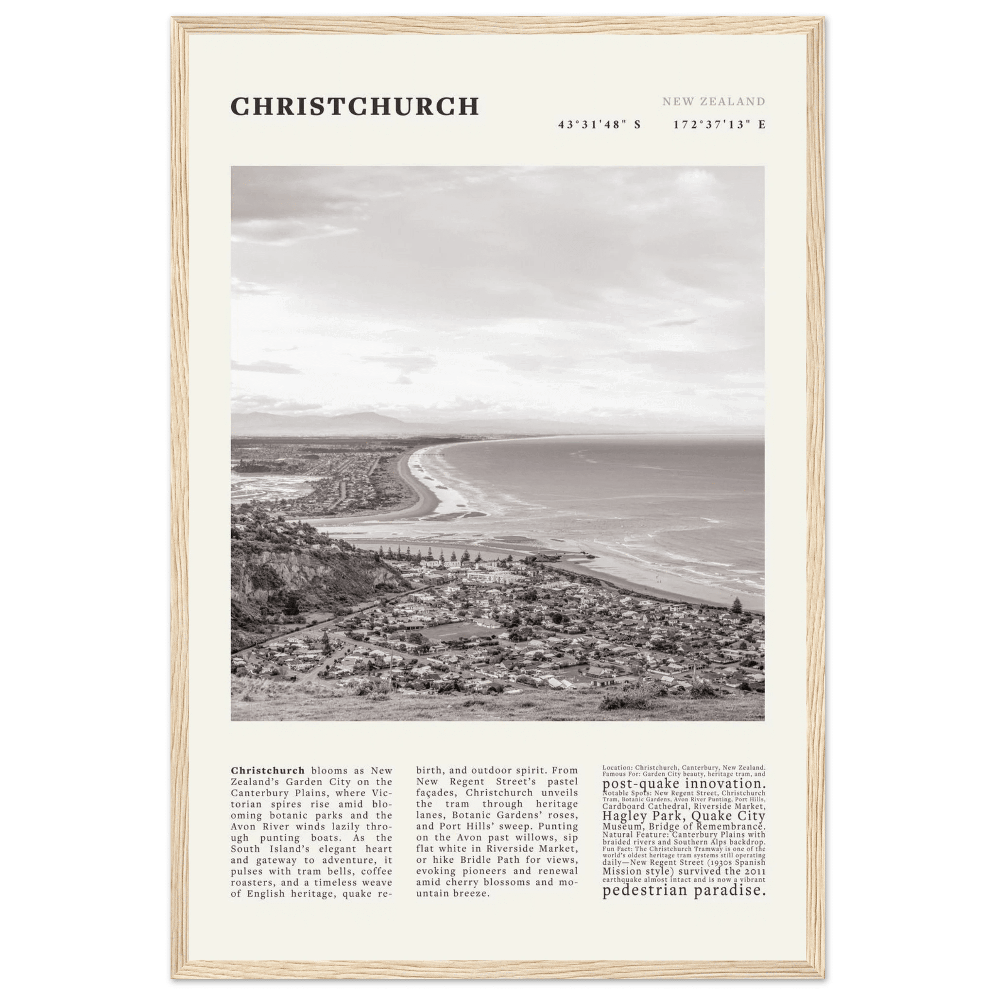 Christchurch New Zealand Poster Black and White – Vintage Garden City Panorama Print - Evergreen Posters