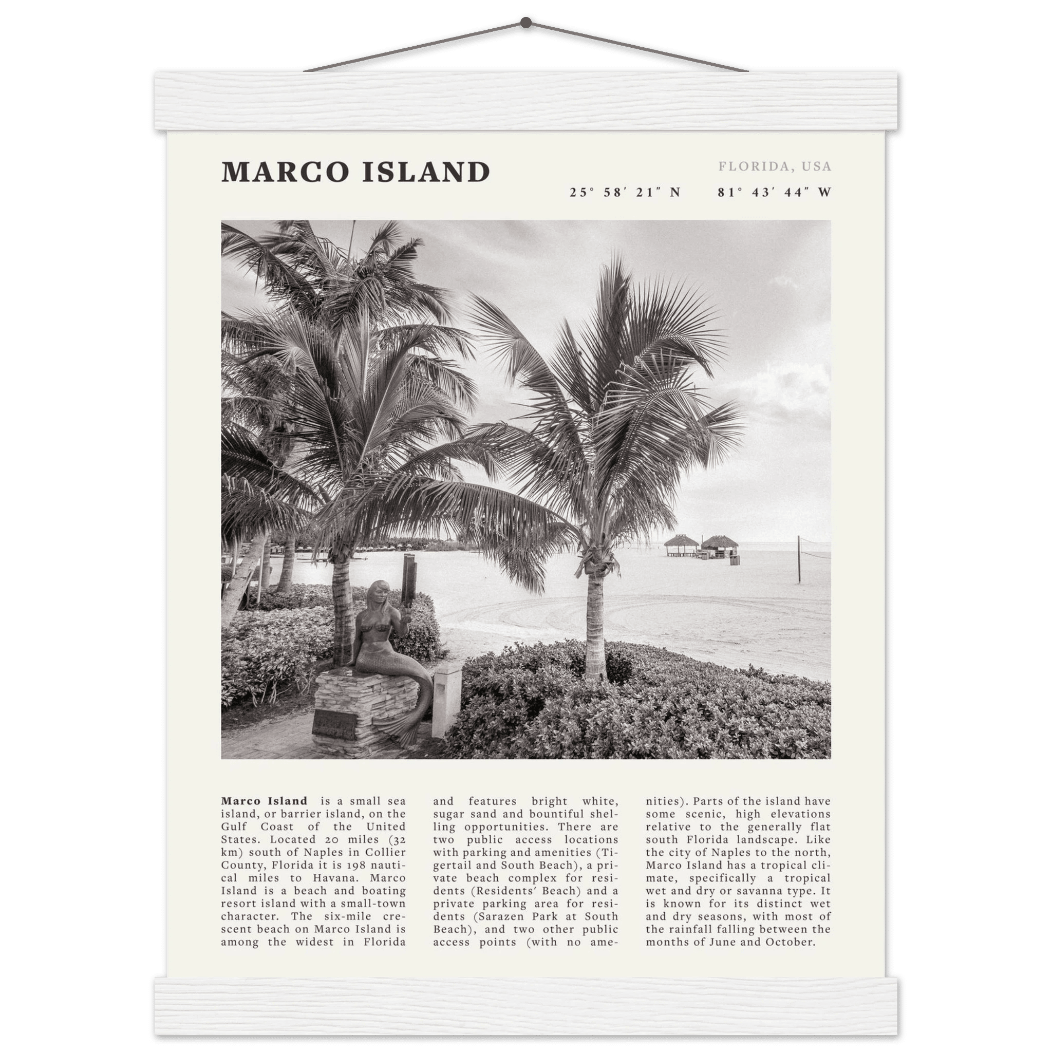 Marco Island Poster | Black & White Florida Beach Wall Art | Coastal Travel Print - Evergreen Posters