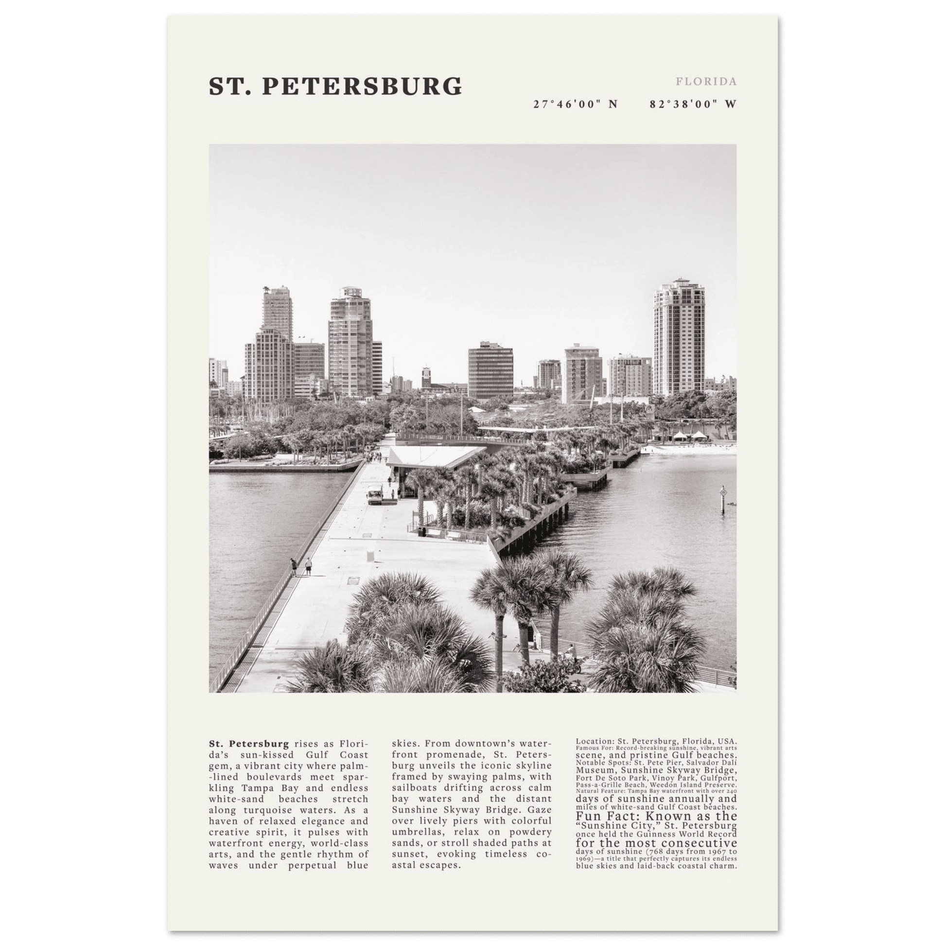 St. Petersburg Florida Poster Black and White – Vintage St Pete Skyline Print (Digital & Printed Options) - Evergreen Posters