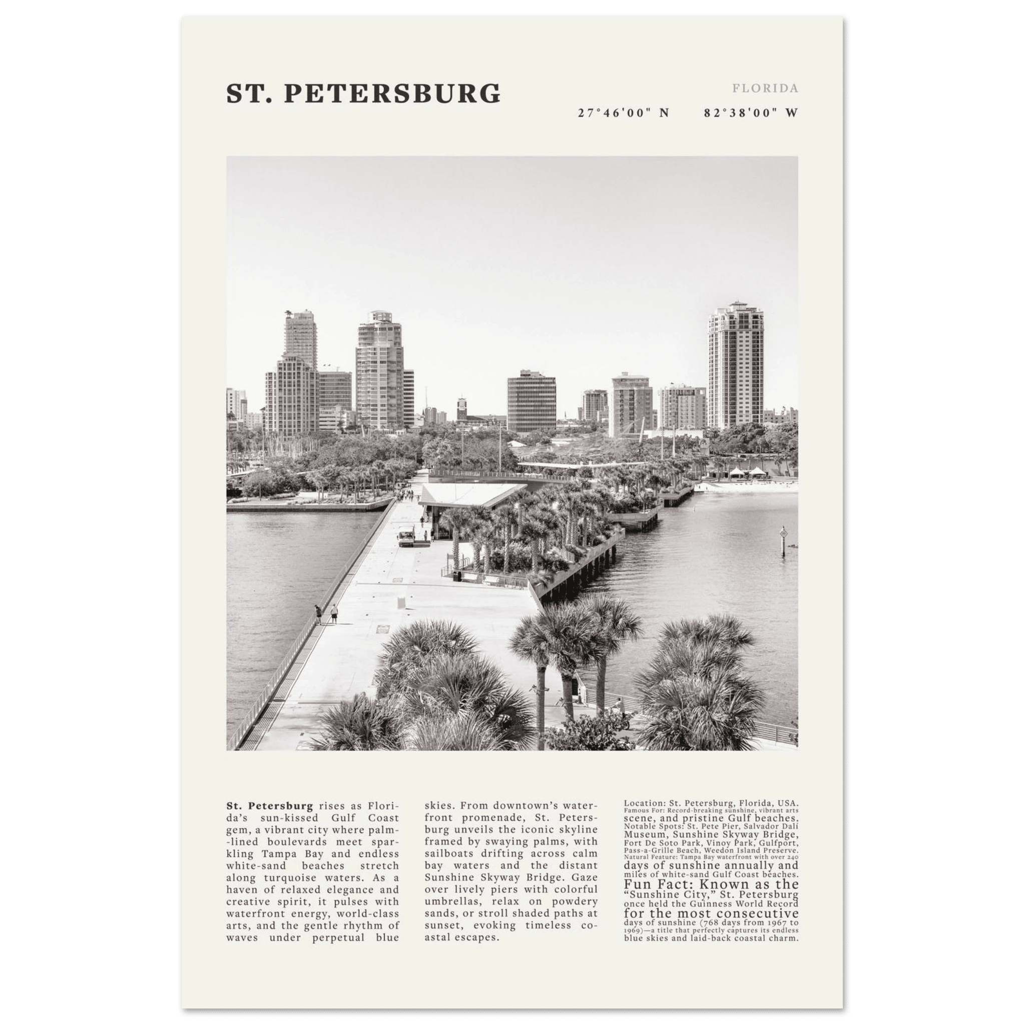 St. Petersburg Florida Poster Black and White – Vintage St Pete Skyline Print (Digital & Printed Options) - Evergreen Posters