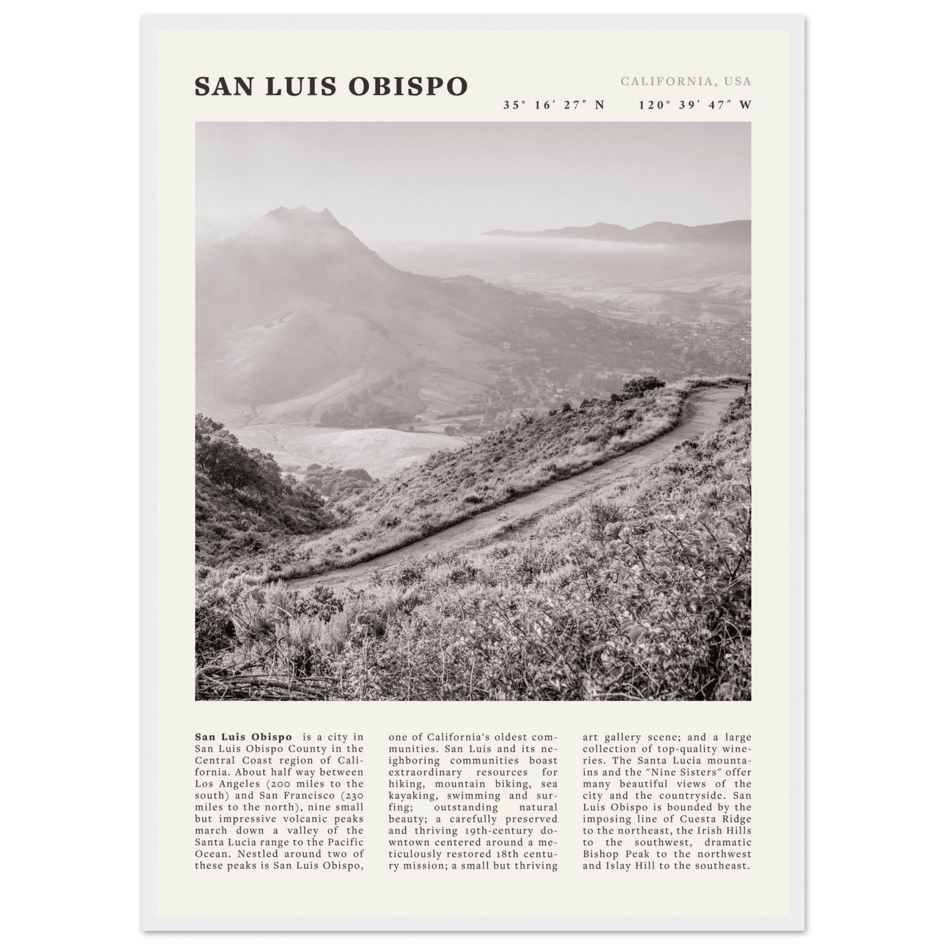 San Luis Obispo Poster | Black & White California Wall Art | SLO Travel Print - Evergreen Posters