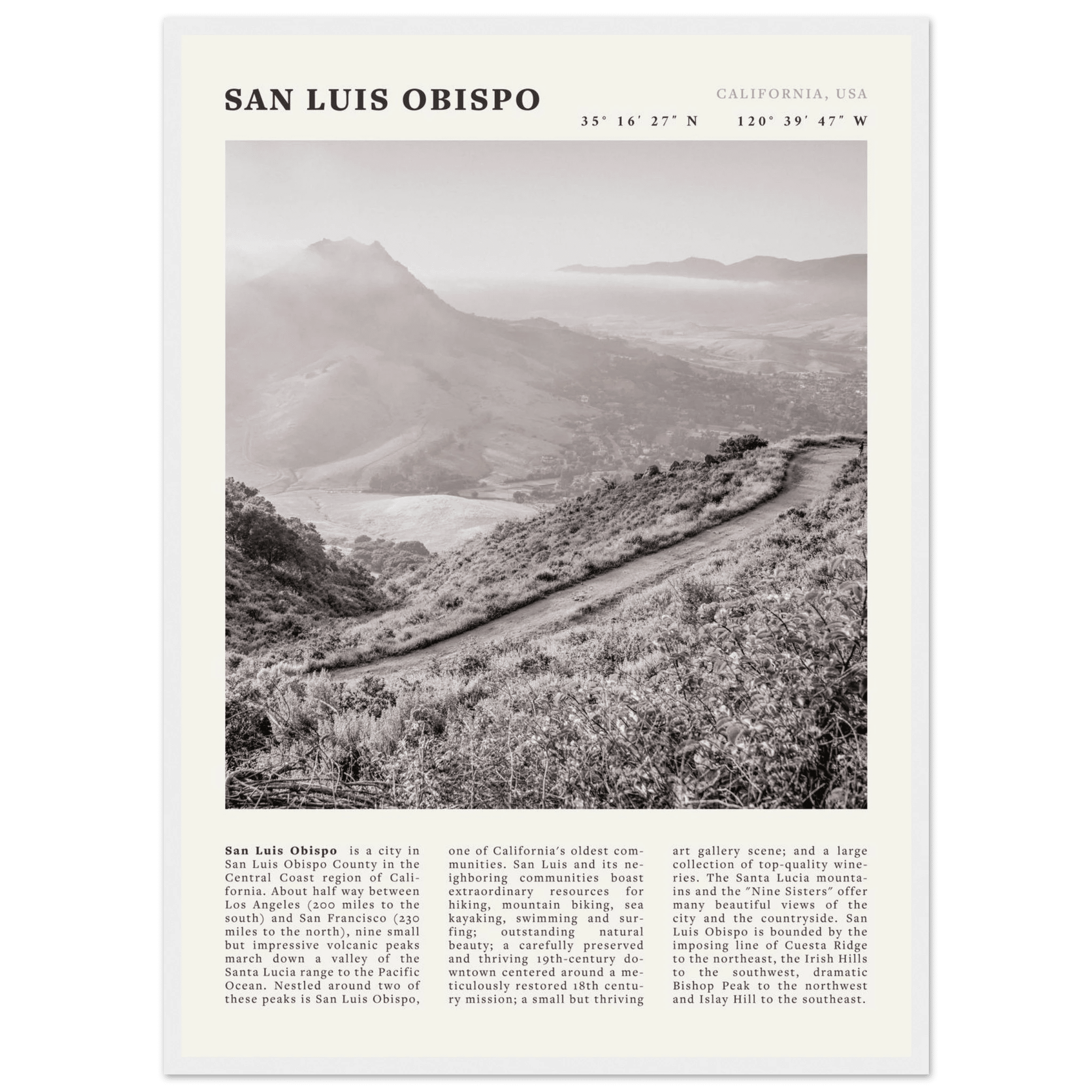 San Luis Obispo Poster | Black & White California Wall Art | SLO Travel Print - Evergreen Posters