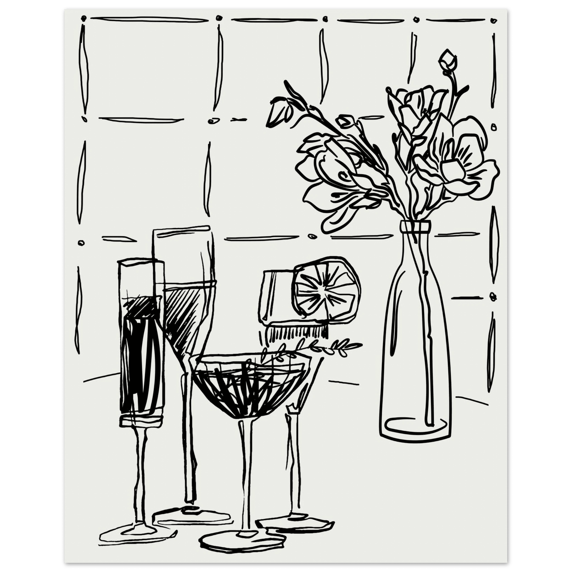 Cocktails & Flowers Print | Black Line Art Drinks Wall Art | Kitchen Bar Poster - Evergreen Posters
