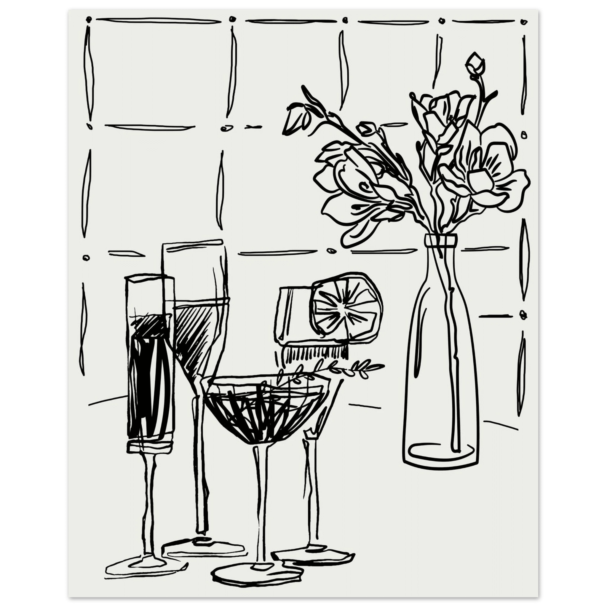 Cocktails & Flowers Print | Black Line Art Drinks Wall Art | Kitchen Bar Poster - Evergreen Posters