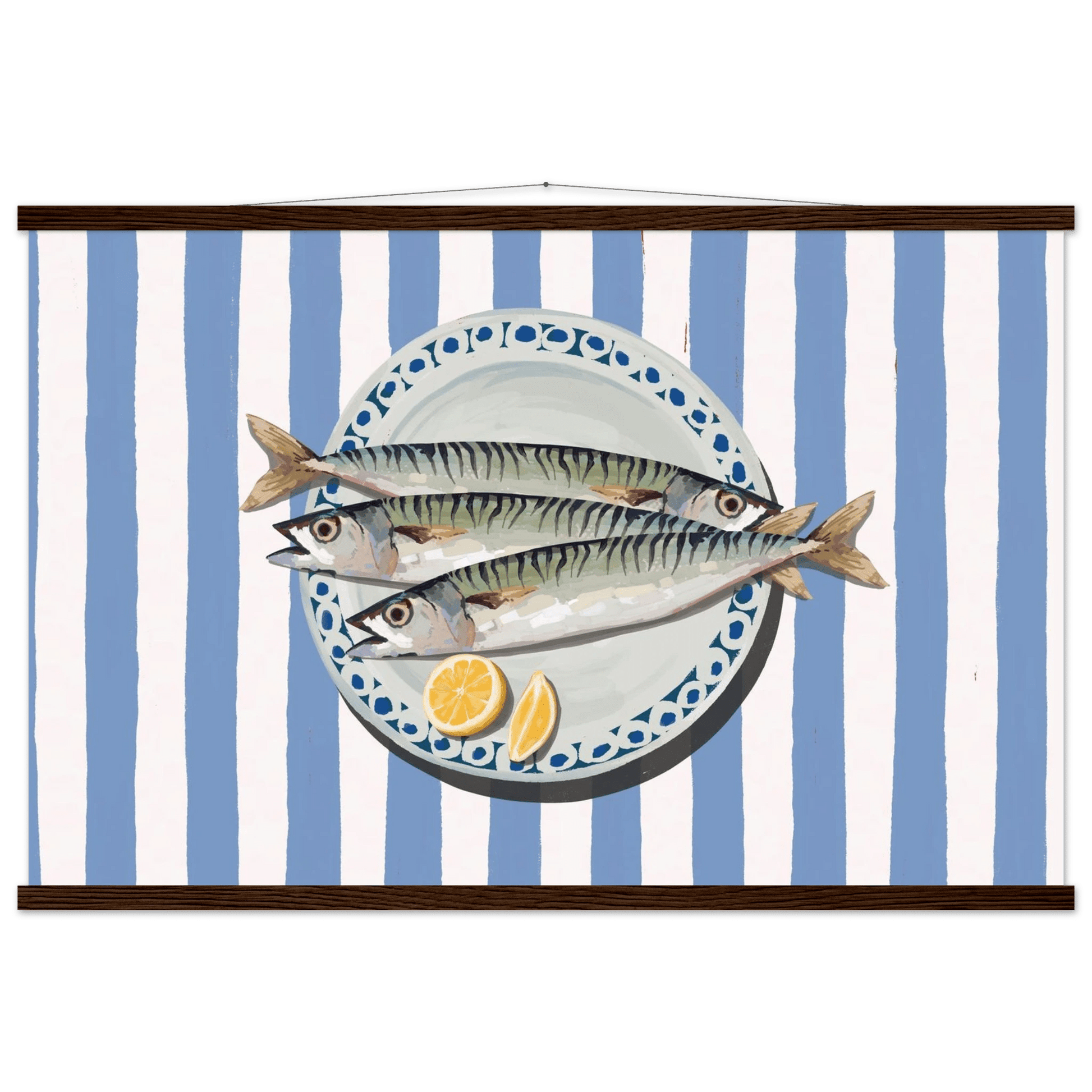 Sardines Print | Blue Stripe Fish Kitchen Wall Art | Coastal Food Poster - Evergreen Posters