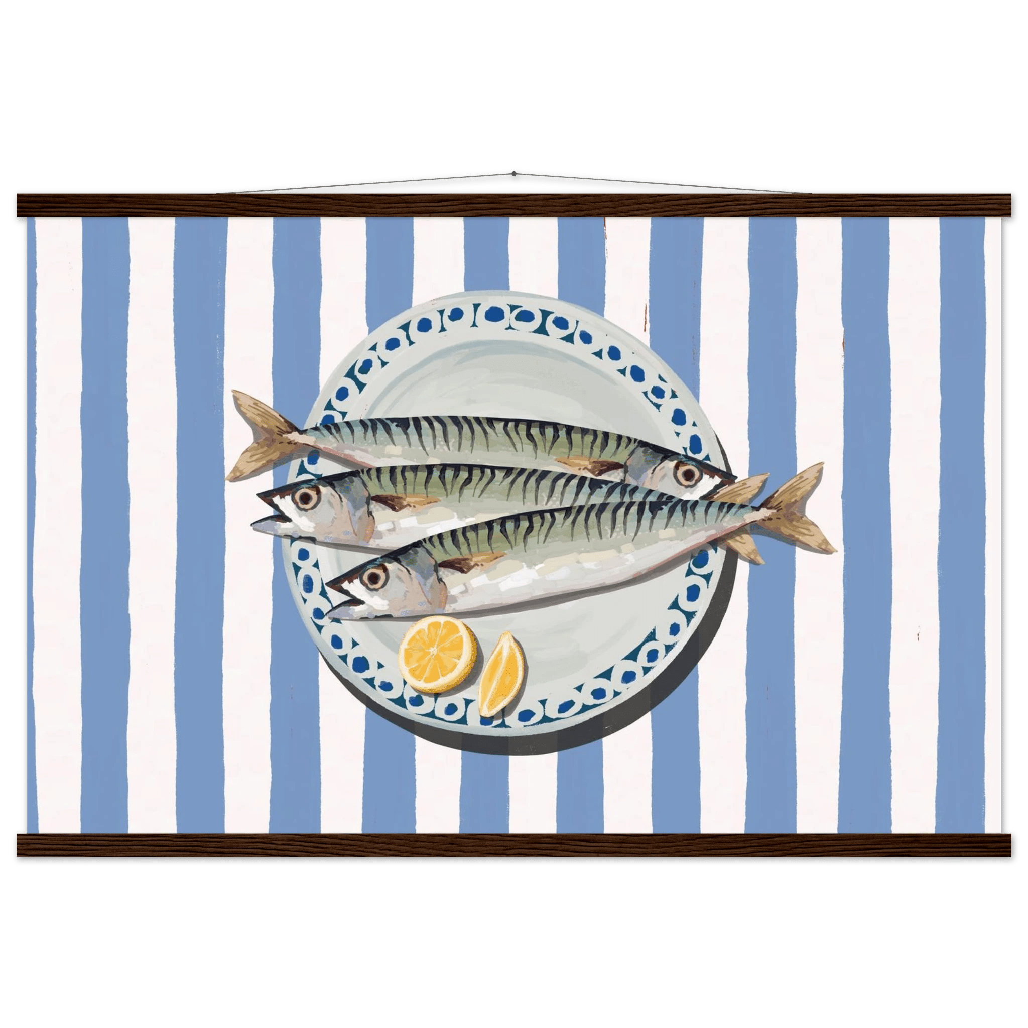 Sardines Print | Blue Stripe Fish Kitchen Wall Art | Coastal Food Poster - Evergreen Posters
