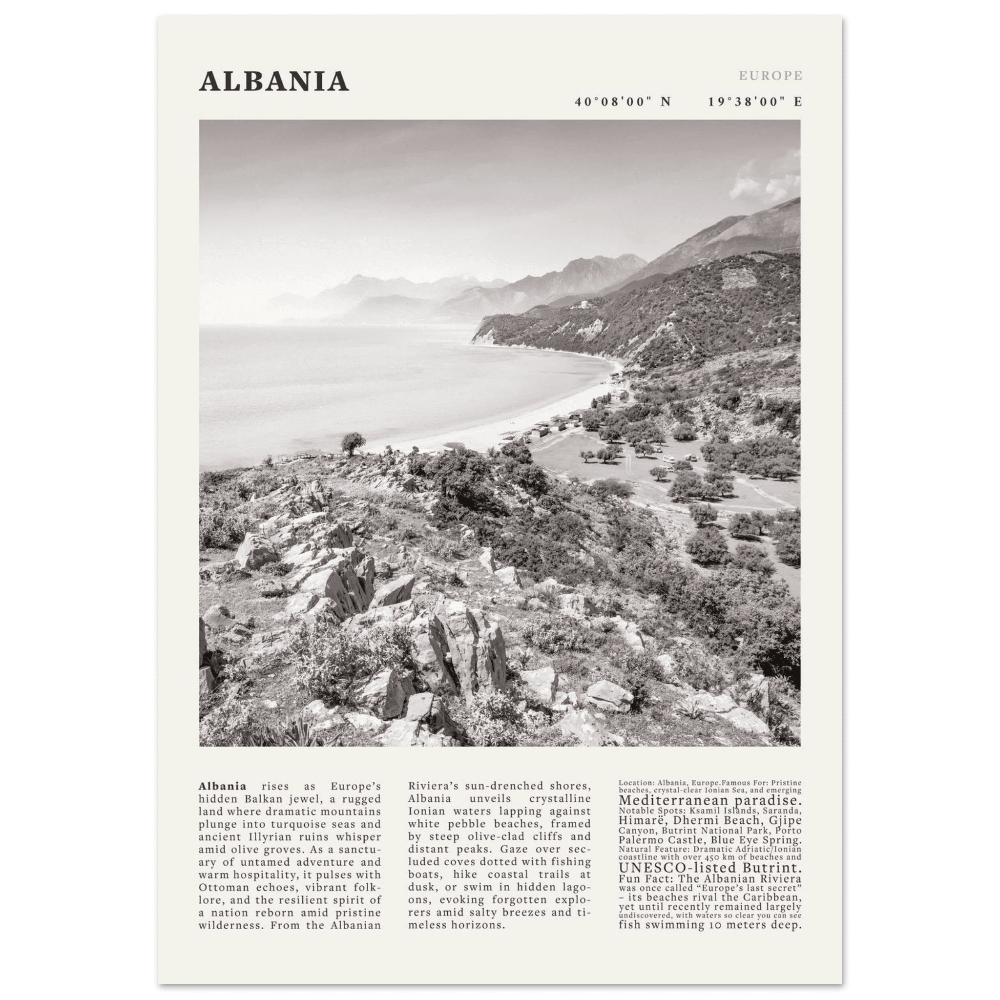 Albania Poster Black and White – Vintage Albanian Riviera Travel Print (Digital & Printed Options) - Evergreen Posters