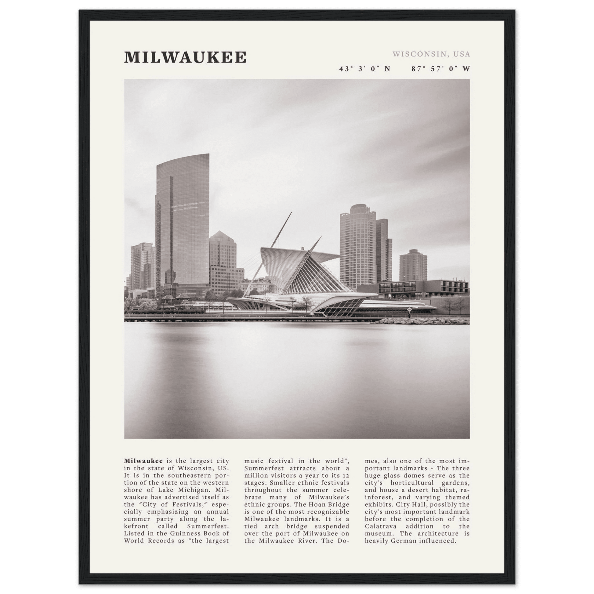 Milwaukee Poster | Black & White Wisconsin City Wall Art | USA Travel Print - Evergreen Posters