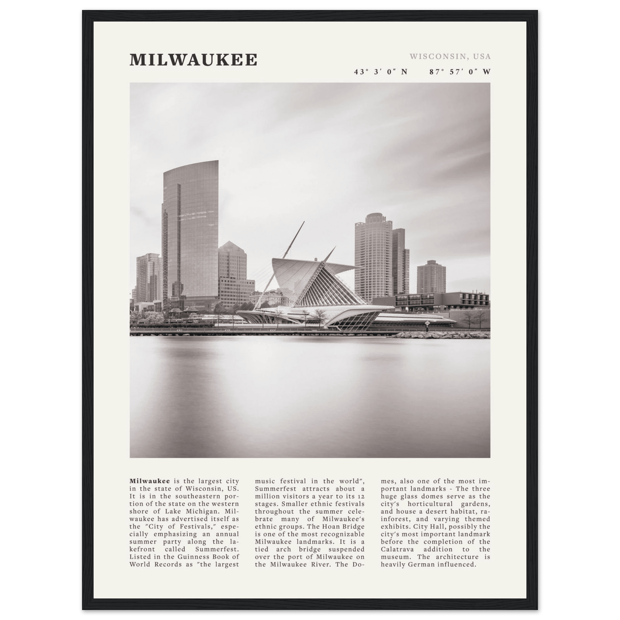 Milwaukee Poster | Black & White Wisconsin City Wall Art | USA Travel Print - Evergreen Posters