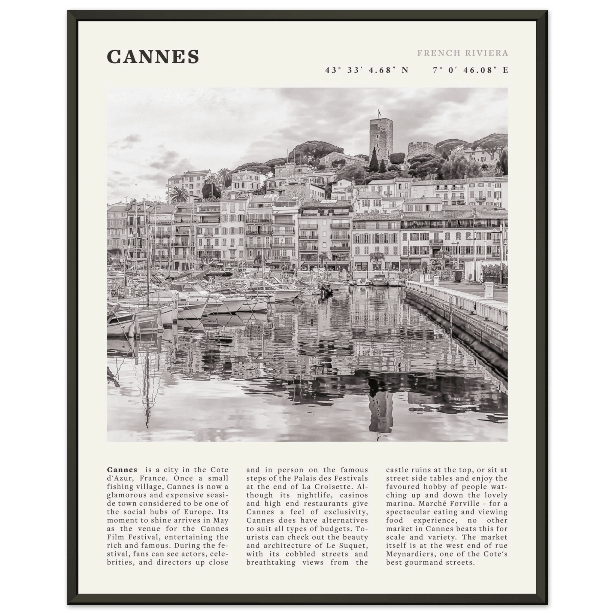 Cannes Poster | Black & White French Riviera Wall Art | France Travel Print - Evergreen Posters