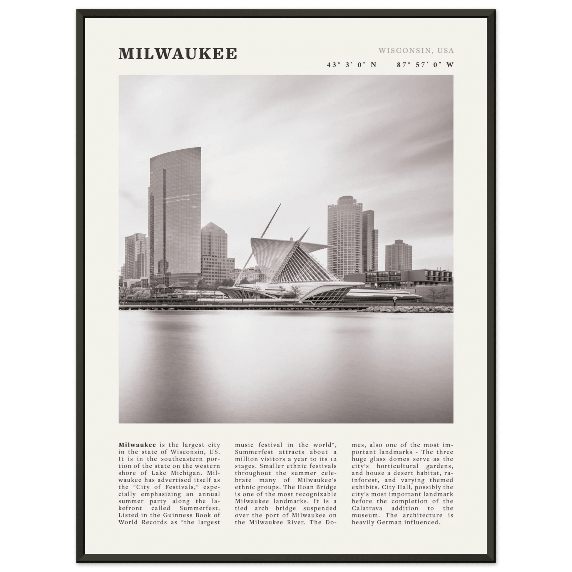 Milwaukee Poster | Black & White Wisconsin City Wall Art | USA Travel Print - Evergreen Posters