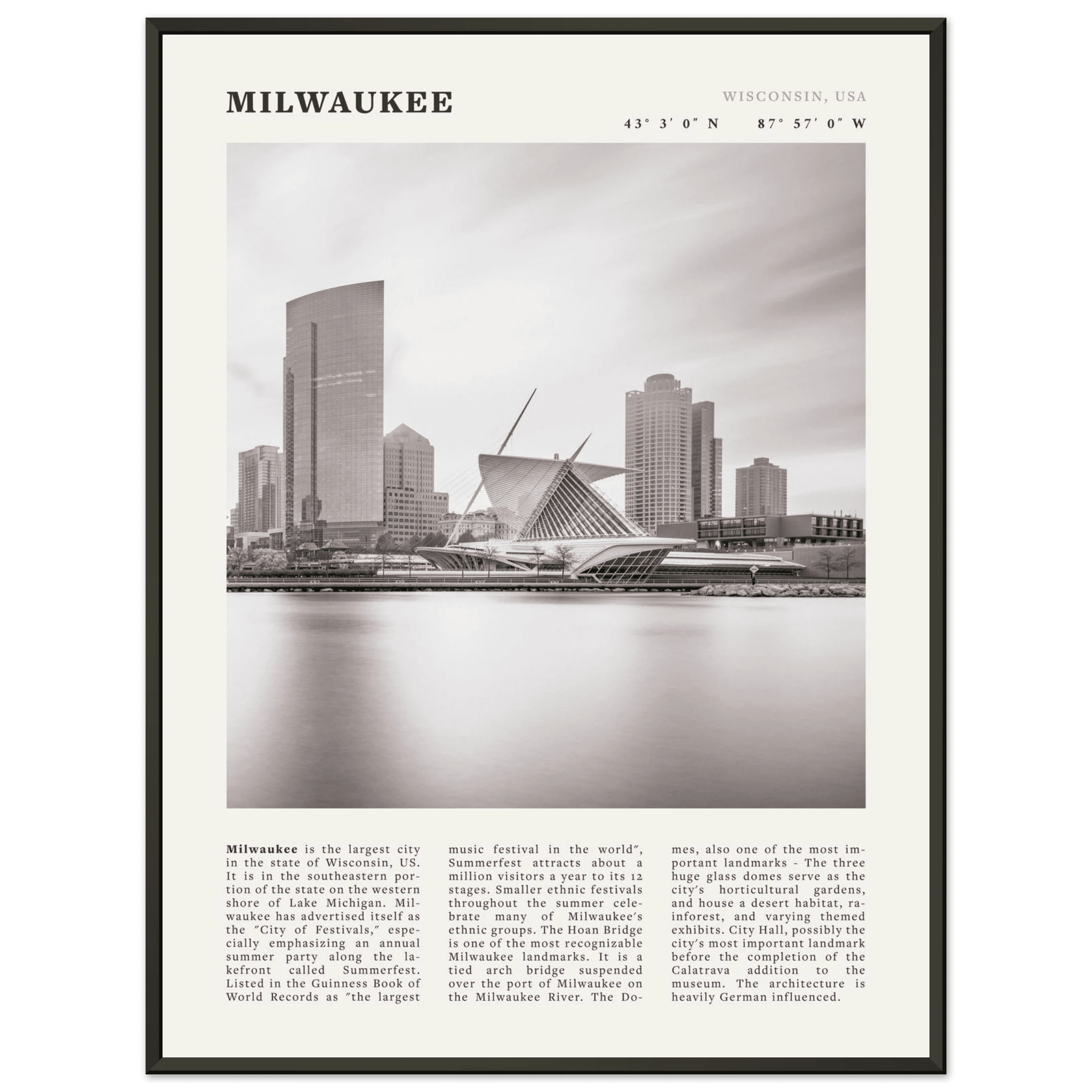 Milwaukee Poster | Black & White Wisconsin City Wall Art | USA Travel Print - Evergreen Posters