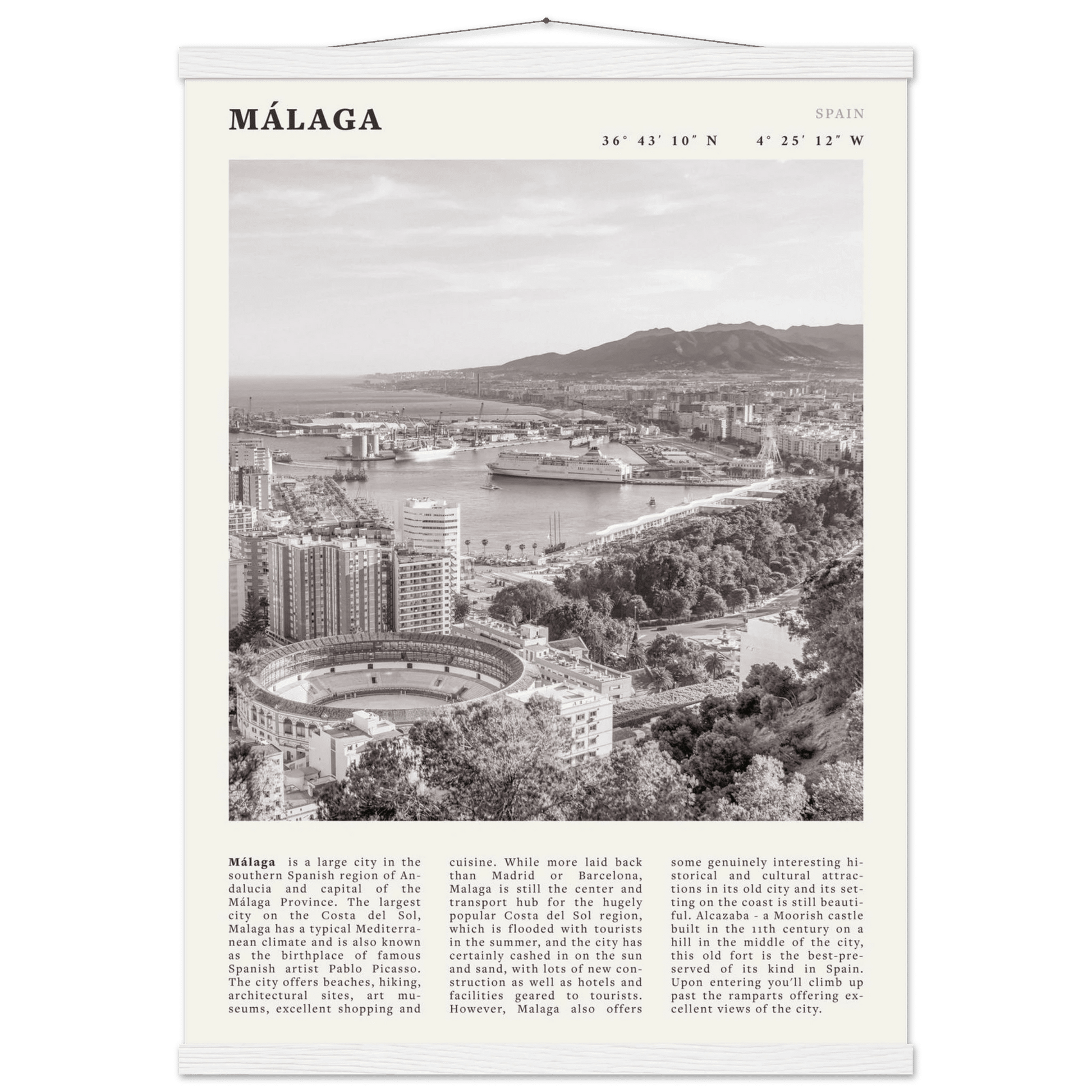 Málaga Poster | Black & White Costa del Sol Wall Art | Spain Travel Print - Evergreen Posters