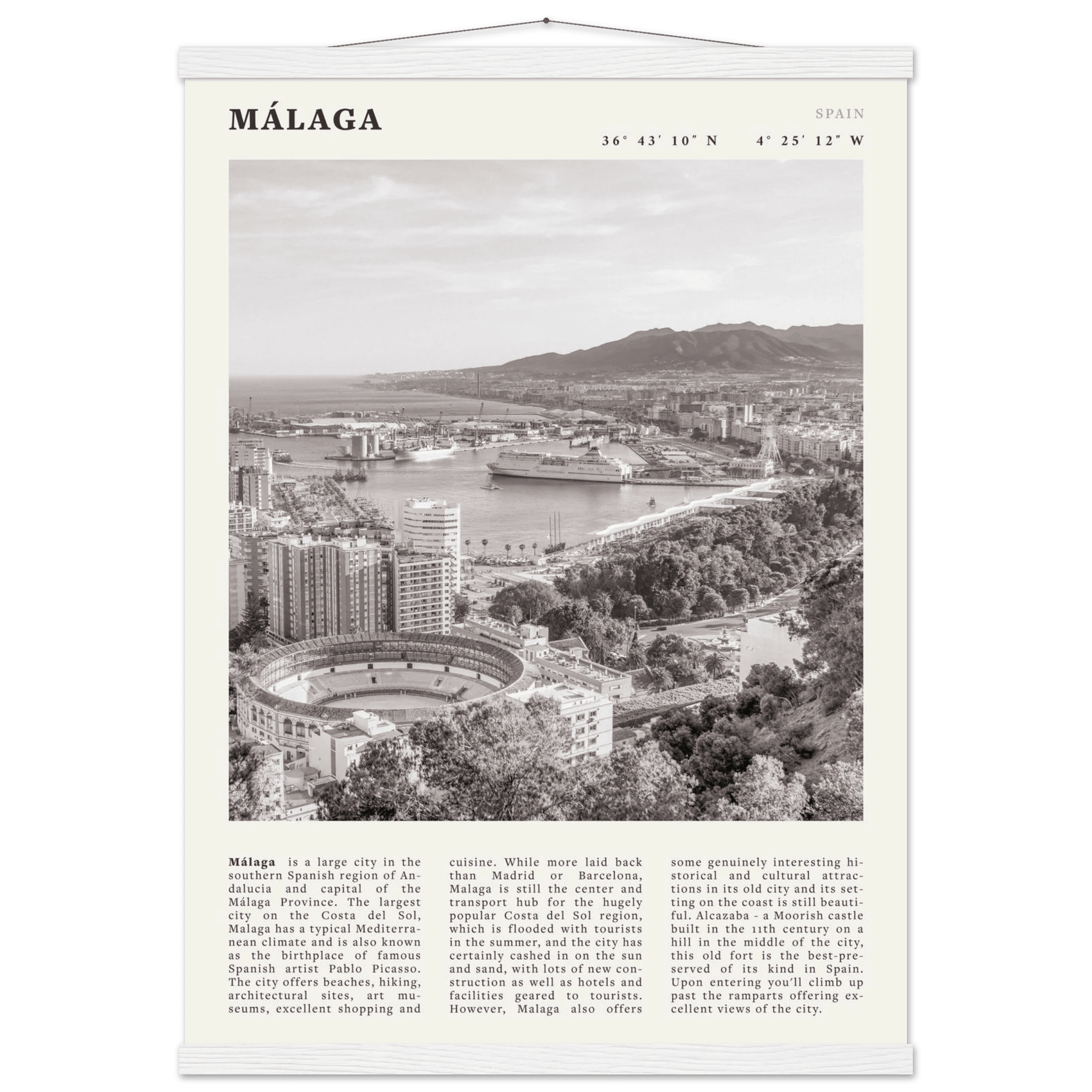 Málaga Poster | Black & White Costa del Sol Wall Art | Spain Travel Print - Evergreen Posters